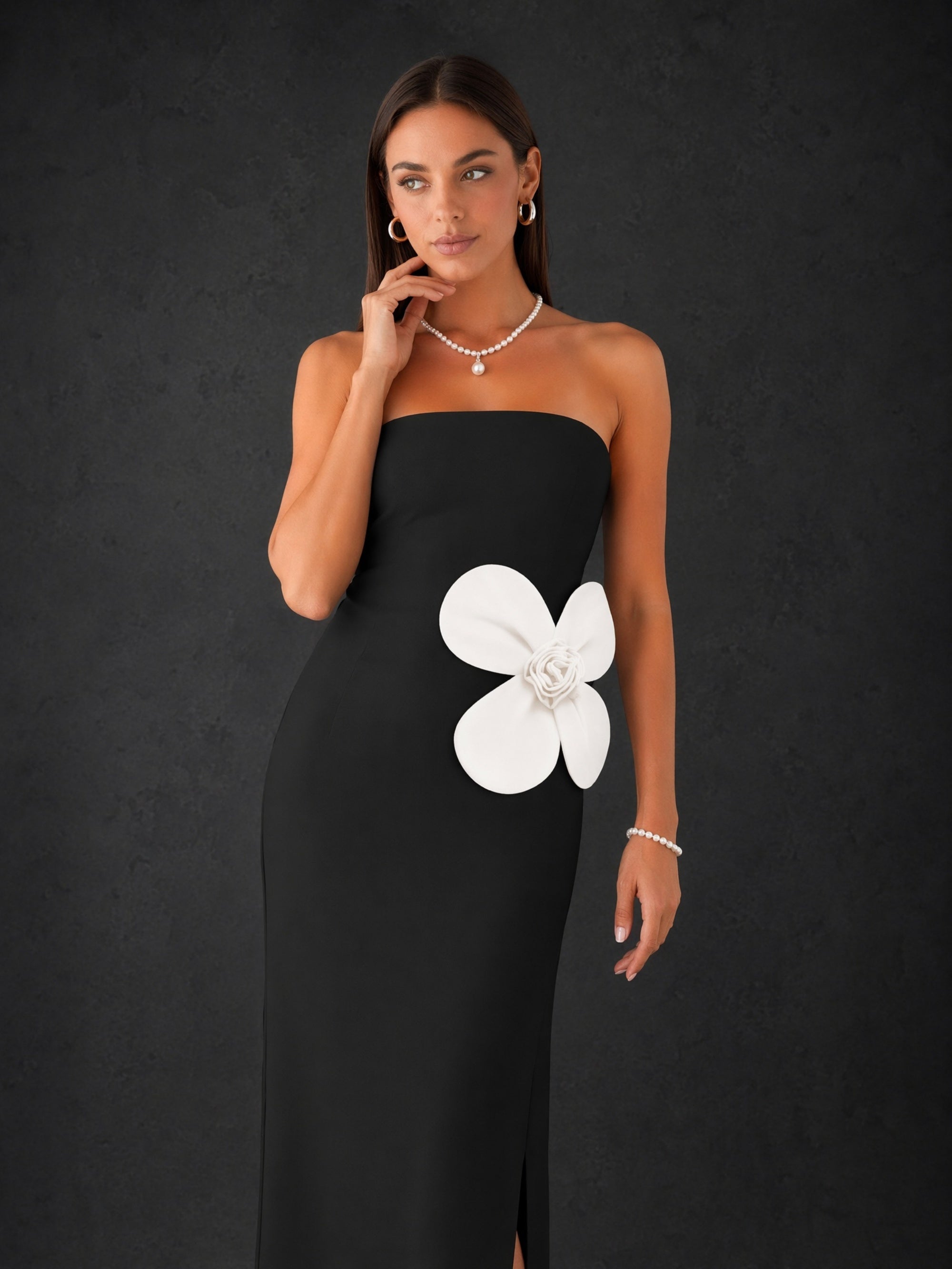 BOLODOO Black Strapless Oversized 3D White Flower Appliqué Side Slit Bodycon Midi Dress - Back View Showing Side Slit and Back Detail