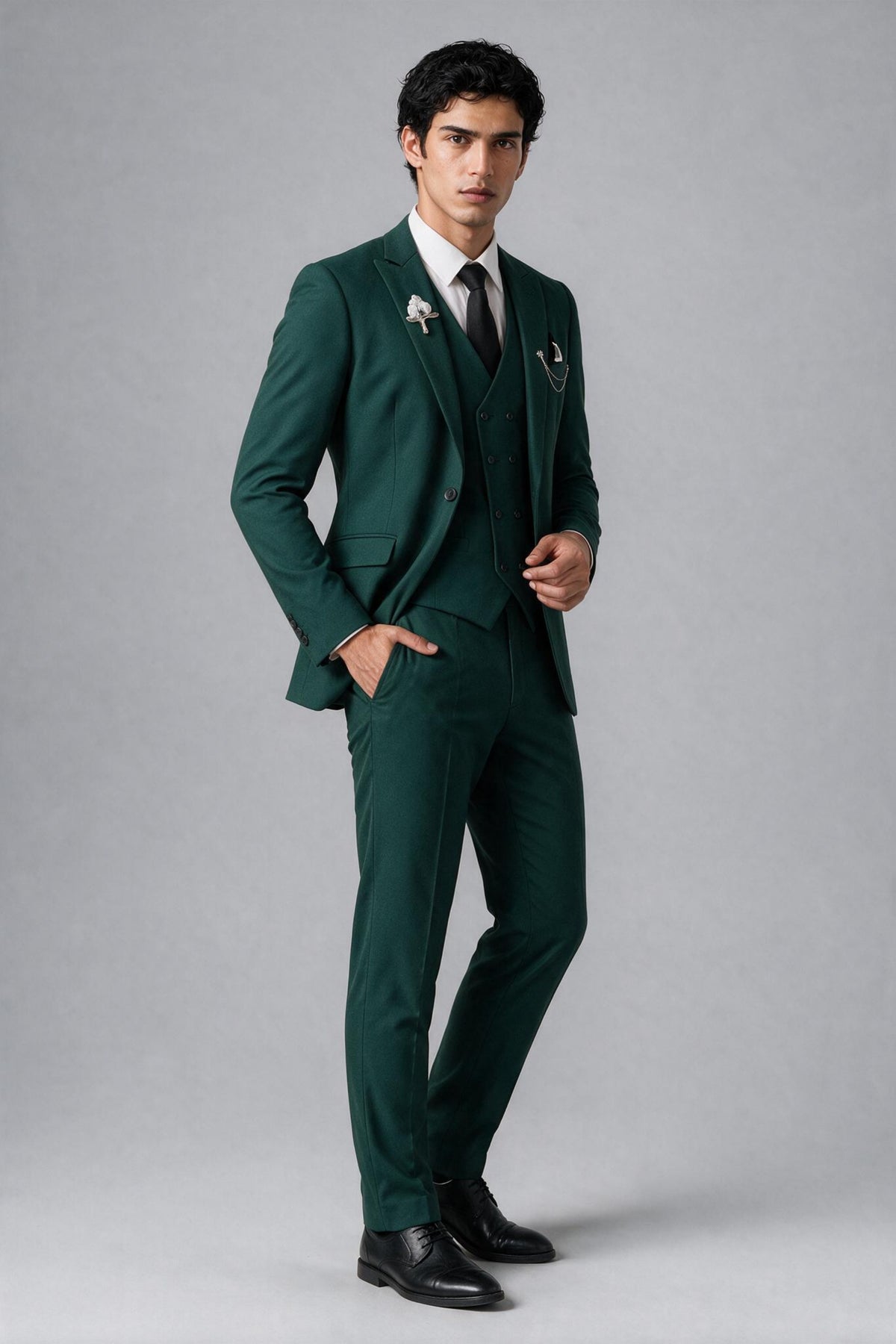 Bolodoo FQ1007 dark green men's two-piece jacket and trousers suit, full-length front view; vest and accessories not included
