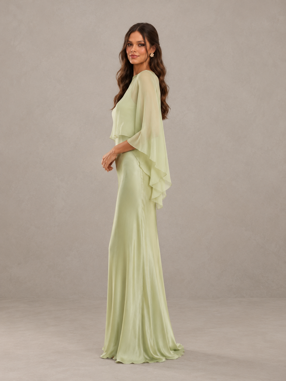 BOLODOO Sage Green Satin Mermaid Bridesmaid Dress with Chiffon Cape 