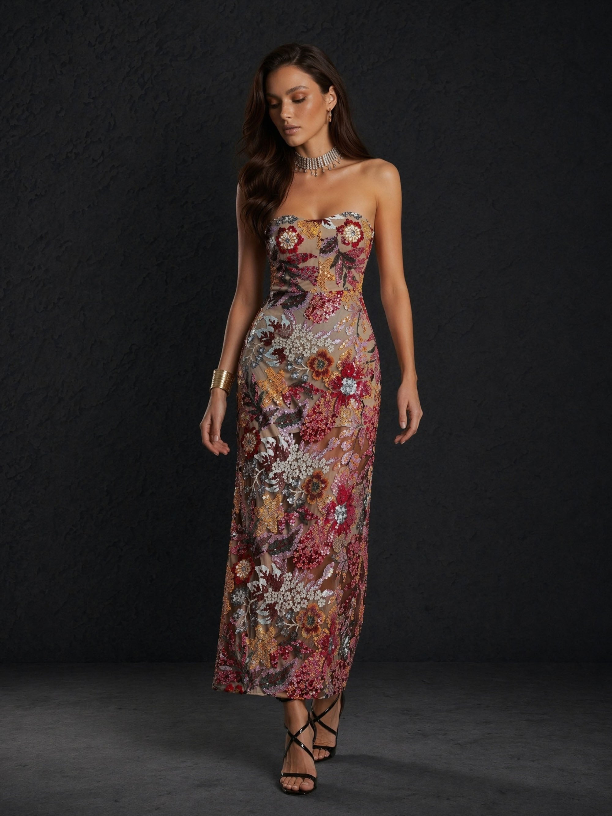 BOLODOO Multicolor Floral Sequin Beaded Embroidered Mesh Sweetheart Open Back Bodycon Midi Dress - Front Full Length Looking Down View Showing Embroidery Detail