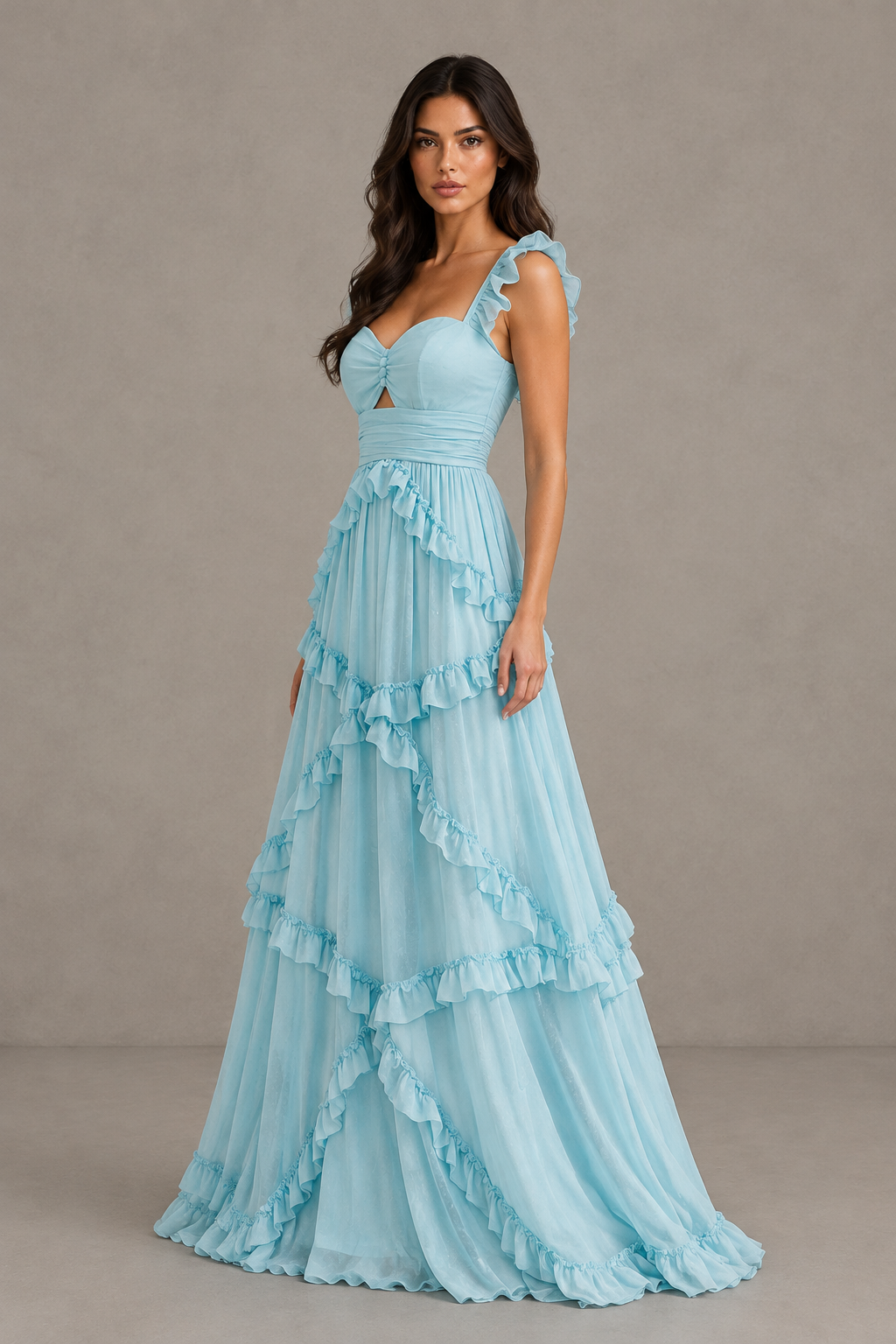 BOLODOO Light Blue Ruffle A-Line Prom Dress with Open Back 