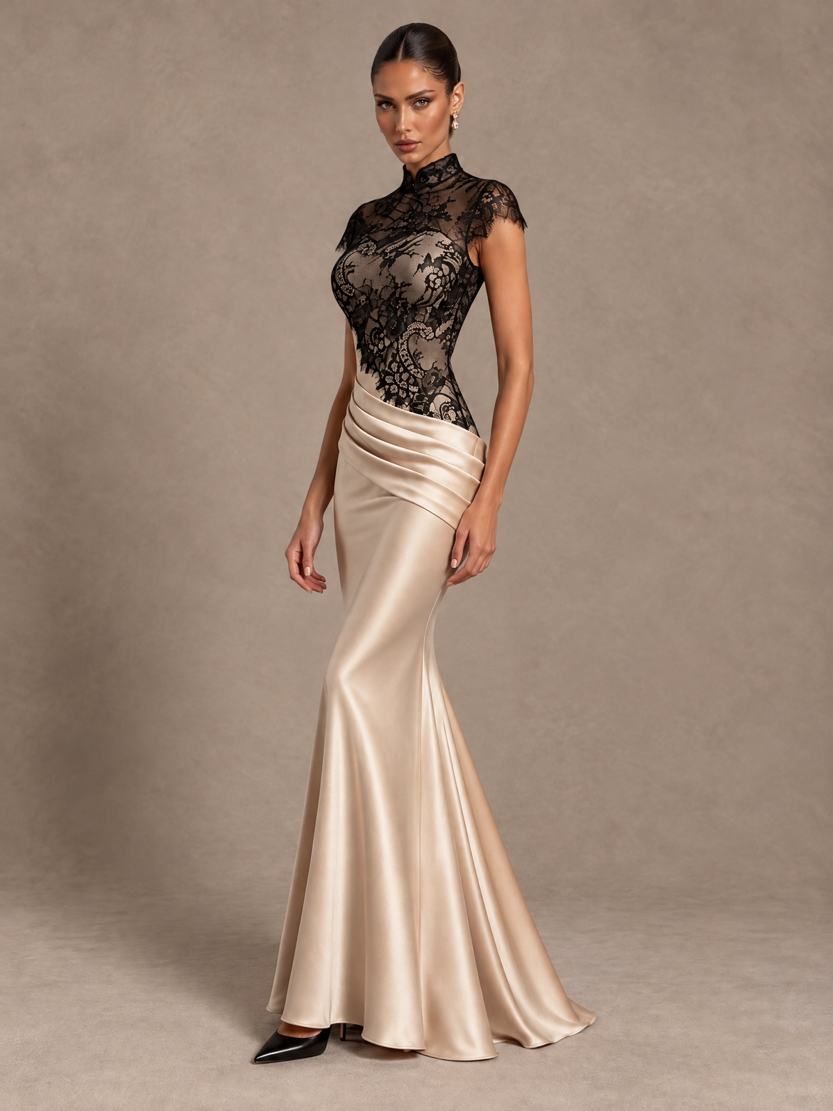 BOLODOO Champagne & Black Lace High Neck Mermaid Formal Dress 