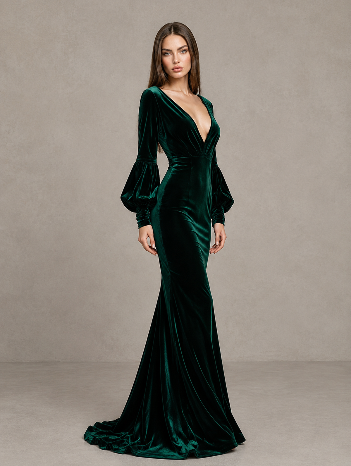 Three-quarter view of BOLODOO emerald green evening gown showing fitted waist and flared floor-length skirt