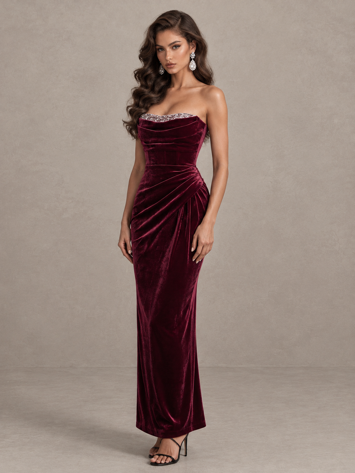 BOLODOO Burgundy Strapless Velvet Cocktail Maxi Dress 
