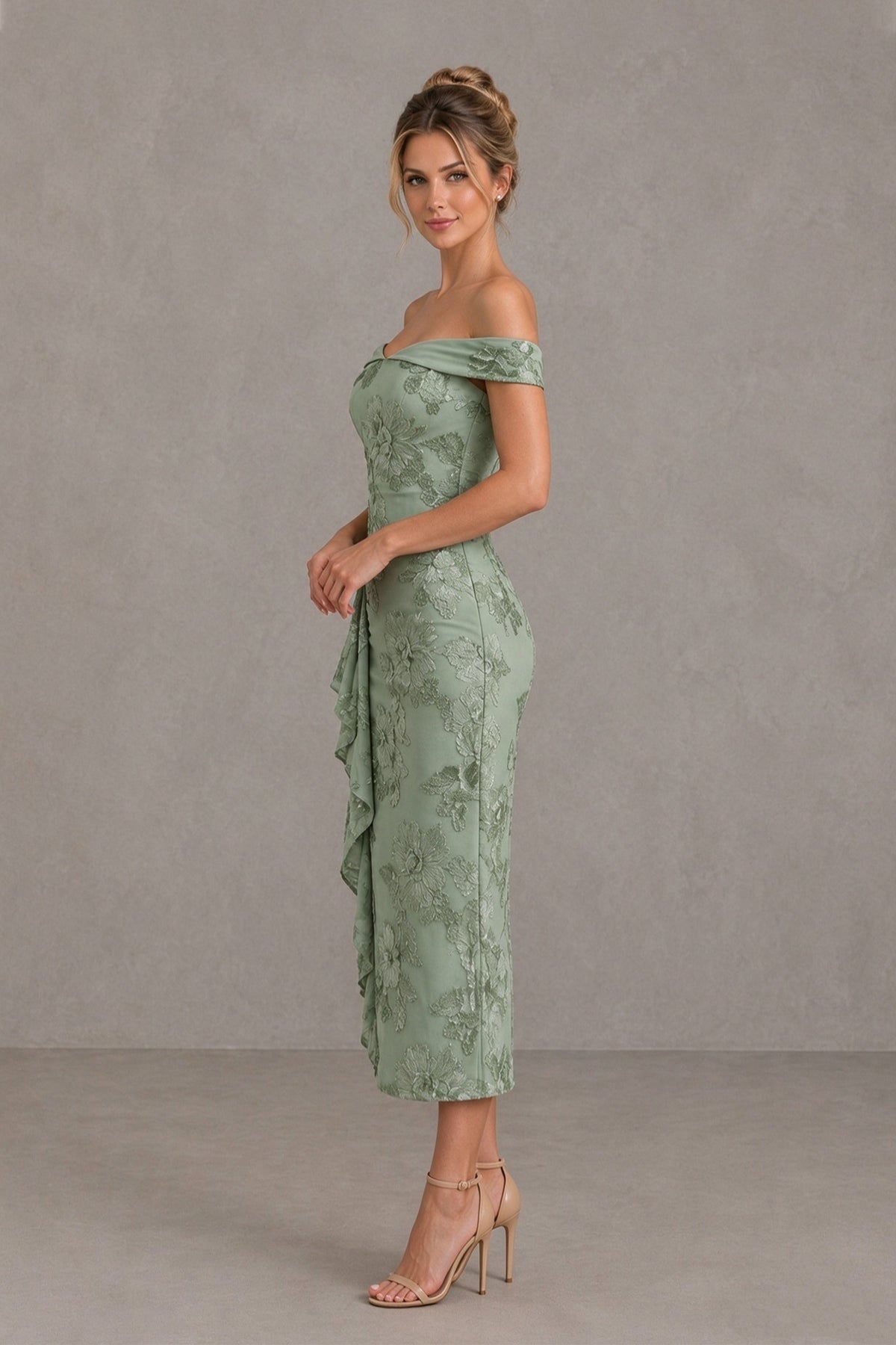Side view of BOLODOO sage green off-shoulder midi dress with tonal floral jacquard-style texture