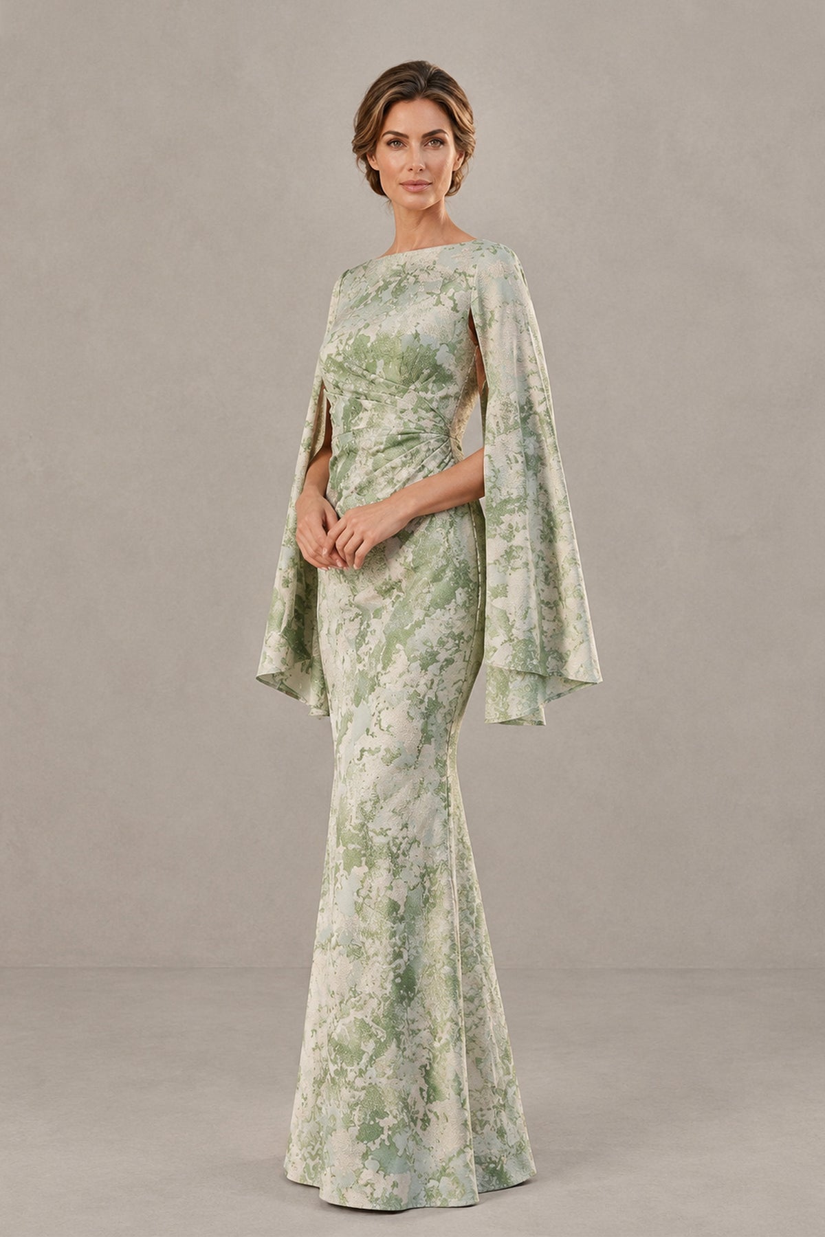 BOLODOO XX046 sage green floral cape sleeve gown with ruched bodice, three-quarter front view