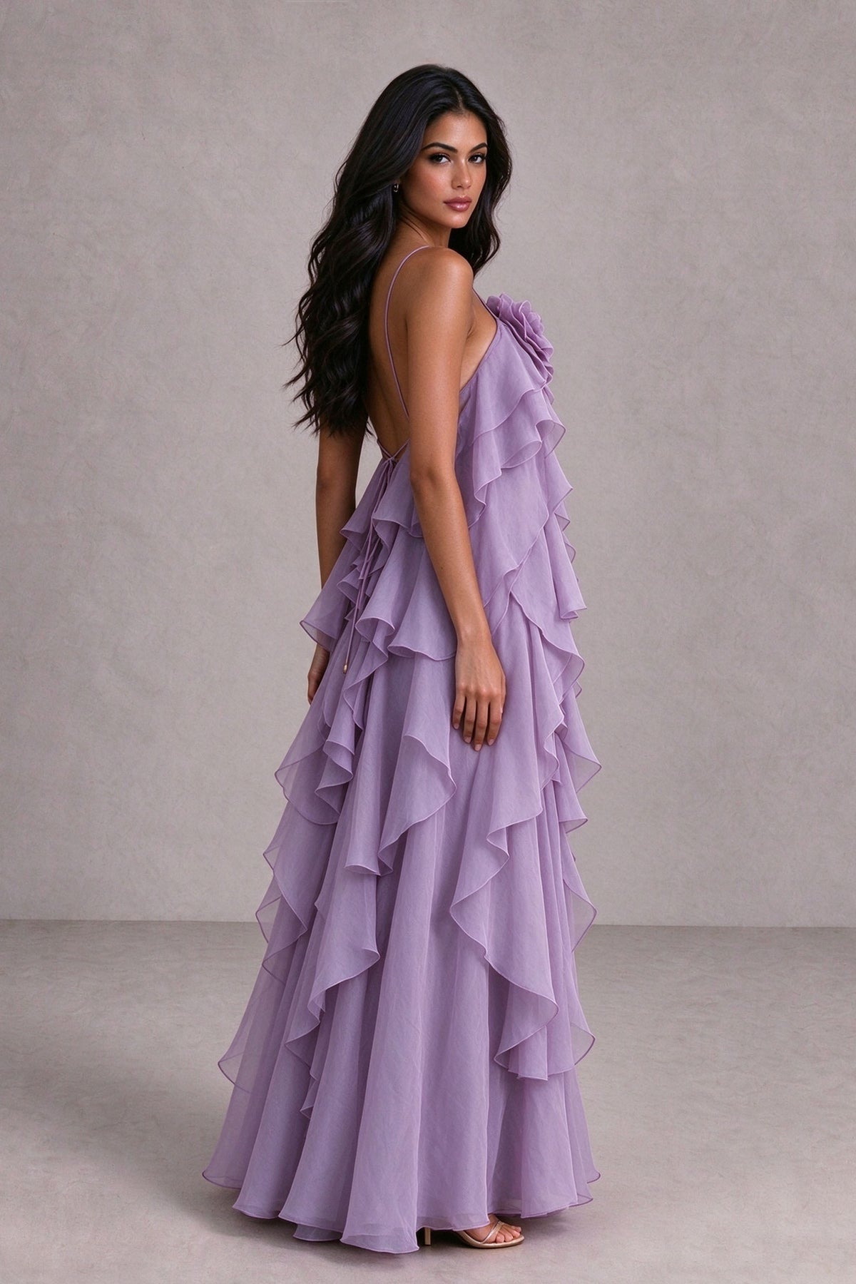 BOLODOO lilac cascading ruffle evening dress, side view showing flowing floor-length silhouette