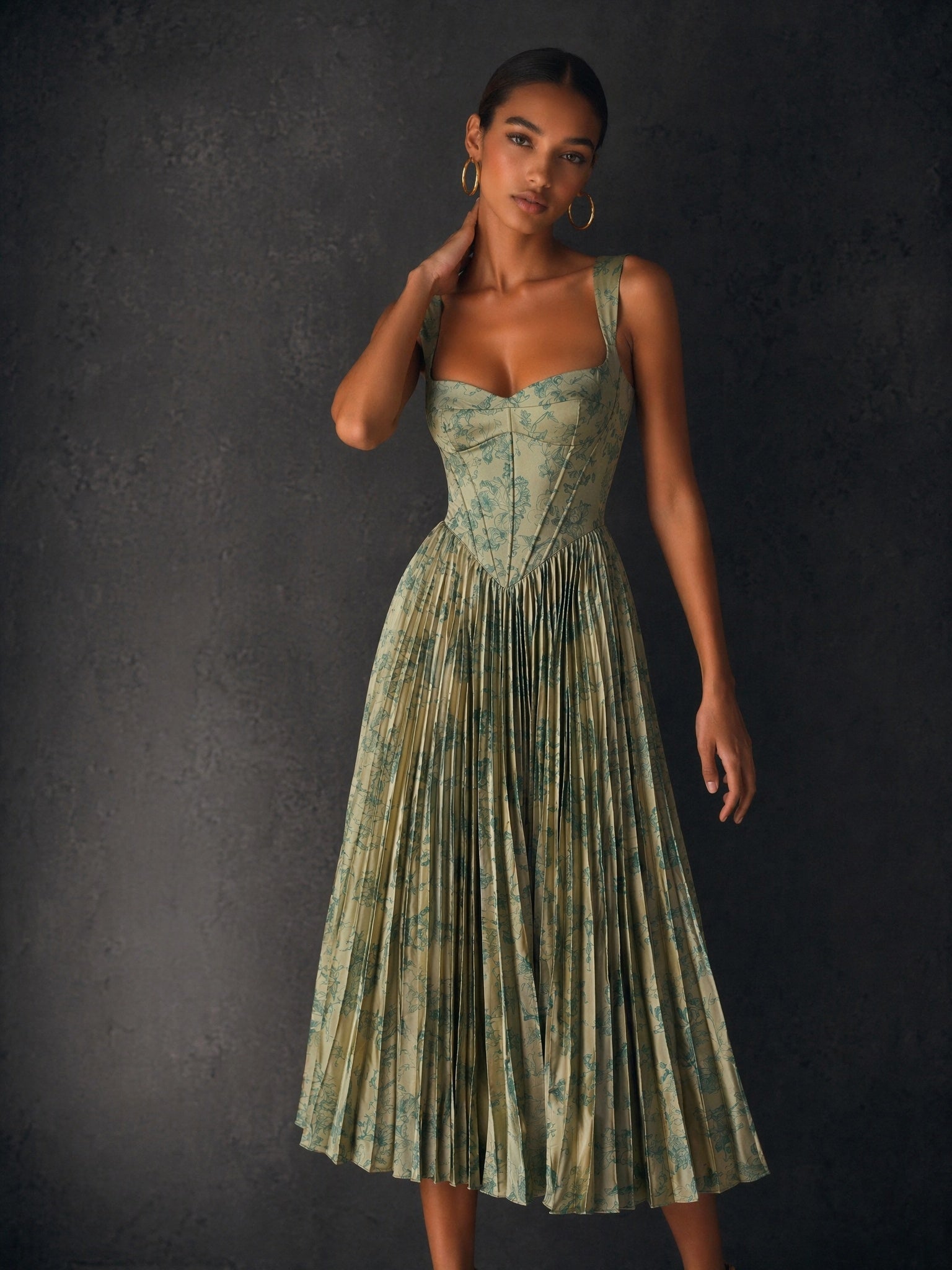 BOLODOO Olive Green Floral Print Corset Accordion Pleated Satin Tea Length Dress - Front Full Length Confident Pose showing Pleated Skirt Movement