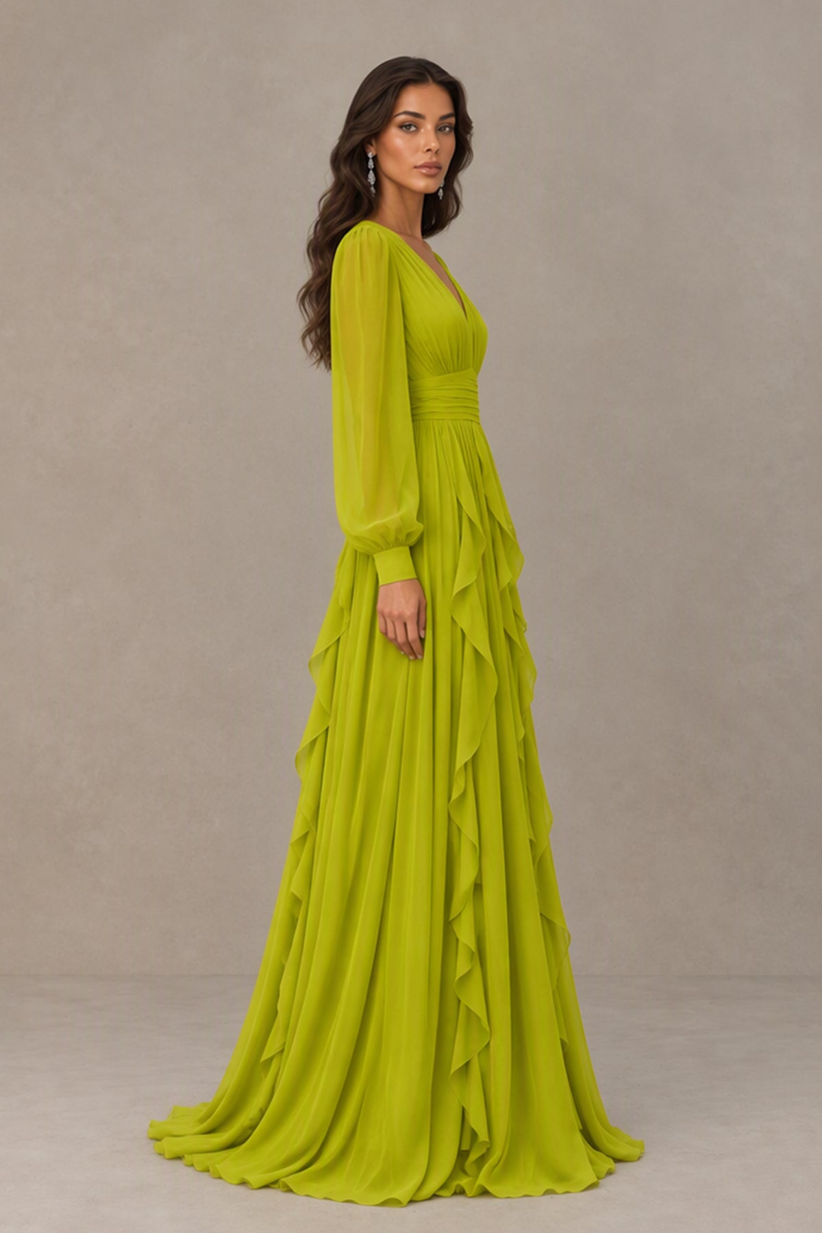 BOLODOO FQ0059 yellow-green bishop sleeve A-line maxi dress, side view