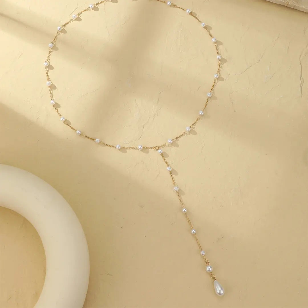 BOLODOO Gold-Tone Pearl Back Drop Necklace | Scattered Pearl Back Chain for Open-Back Wedding & Evening Dresses 