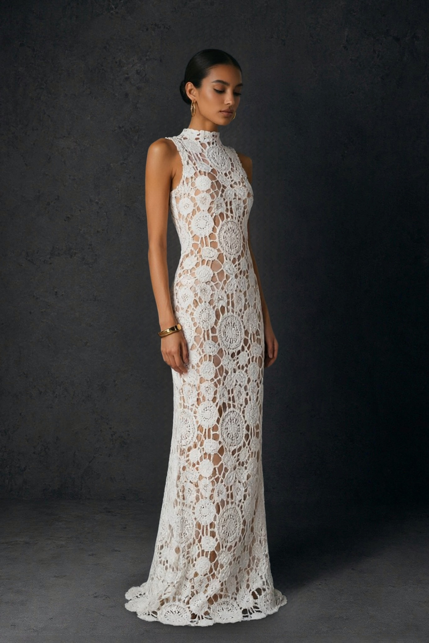 BOLODOO white crochet lace high neck sleeveless sheer mermaid maxi dress - back view showing covered back and train