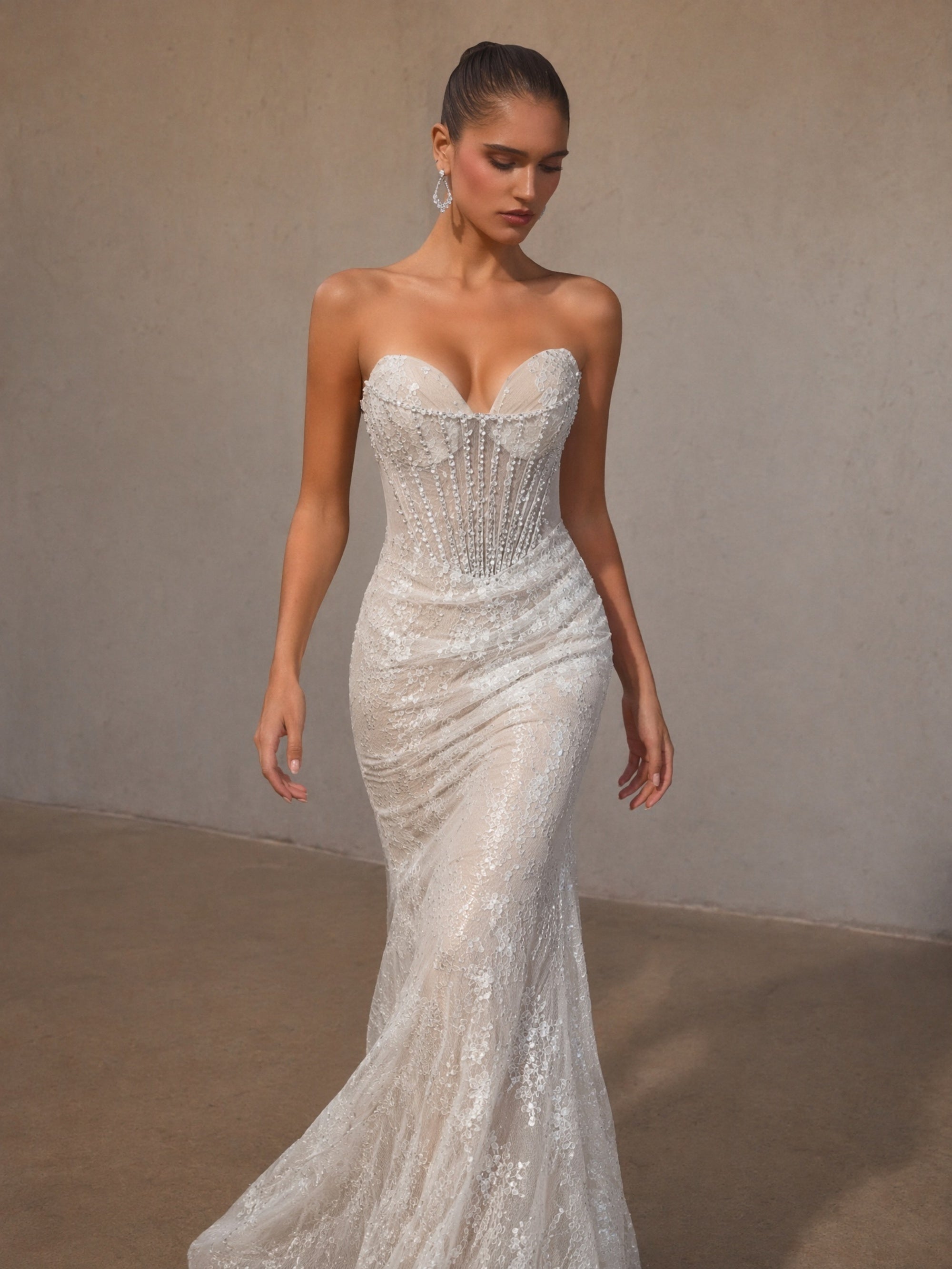 BOLODOO White Floral Glitter Sequin Lace Sweetheart Sheer Pearl Crystal Boned Corset Low Open Back Mermaid Wedding Dress - Back View Showing Low Open Back and Chapel Train