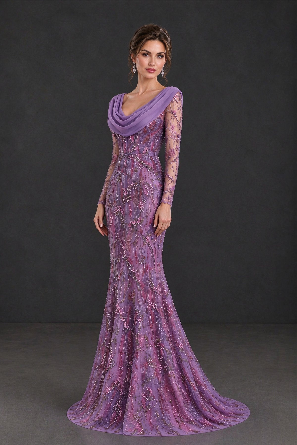 BOLODOO purple embellished mesh formal gown with flared hem and sweep train, side view