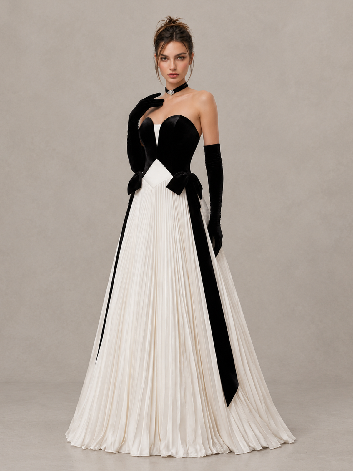 BOLODOO black and white sweetheart evening gown styled with long gloves, full-length front view