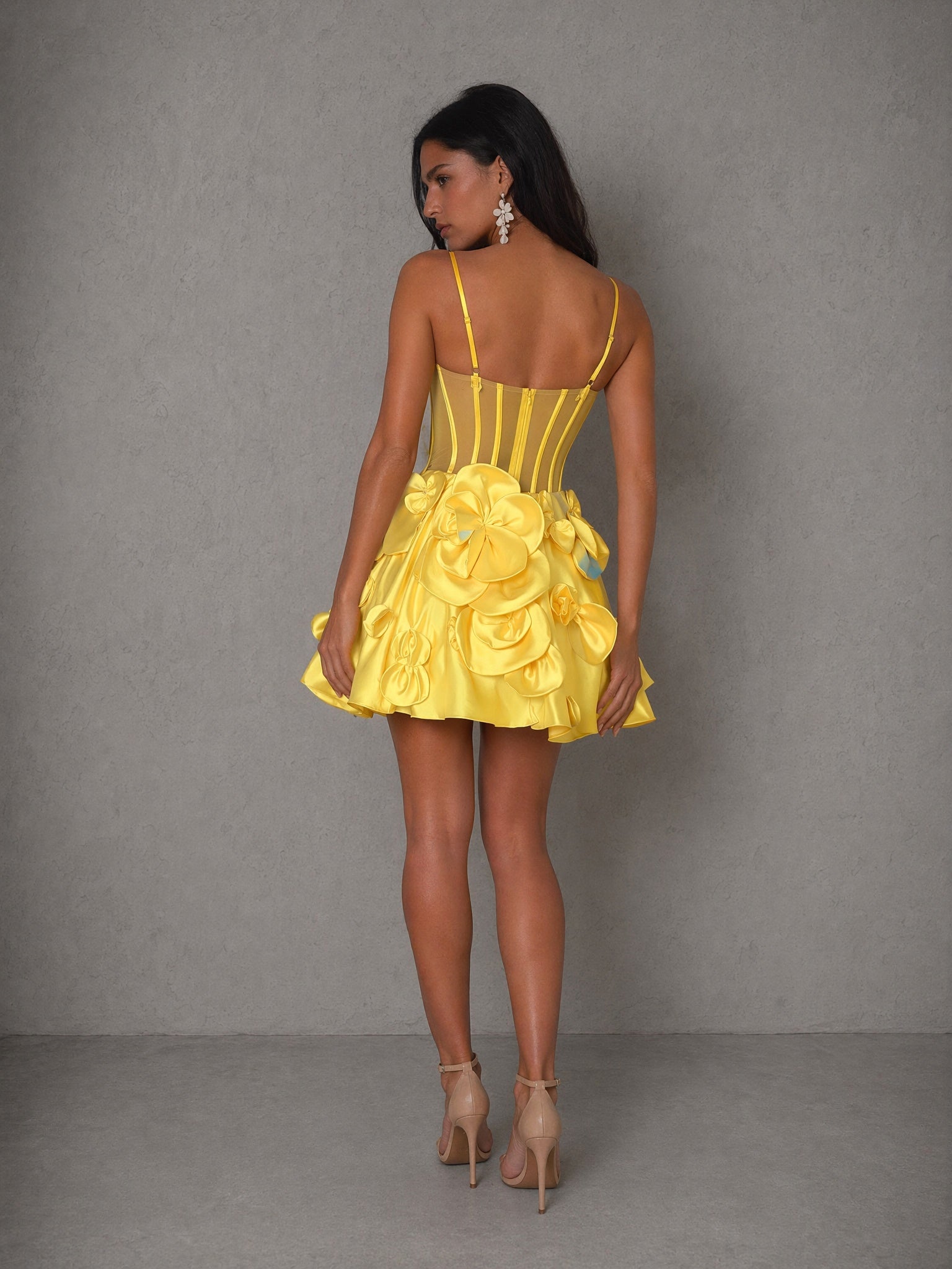 BOLODOO yellow 3D floral satin corset mini dress - back view showing open back exposed corset boning structure