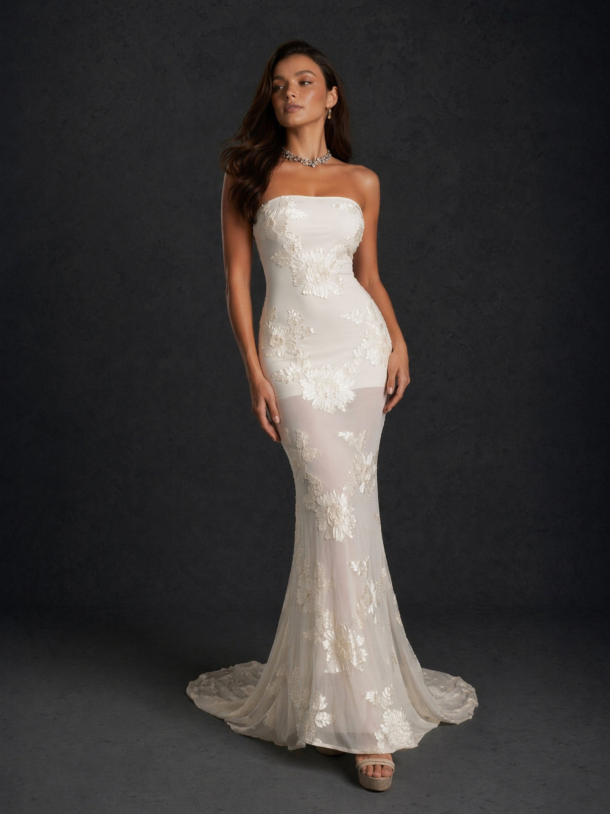 BOLODOO Ivory Gold Floral Sequin Embroidered Strapless Open Back Mermaid Maxi Dress - Back View Showing Full Open Back and Train