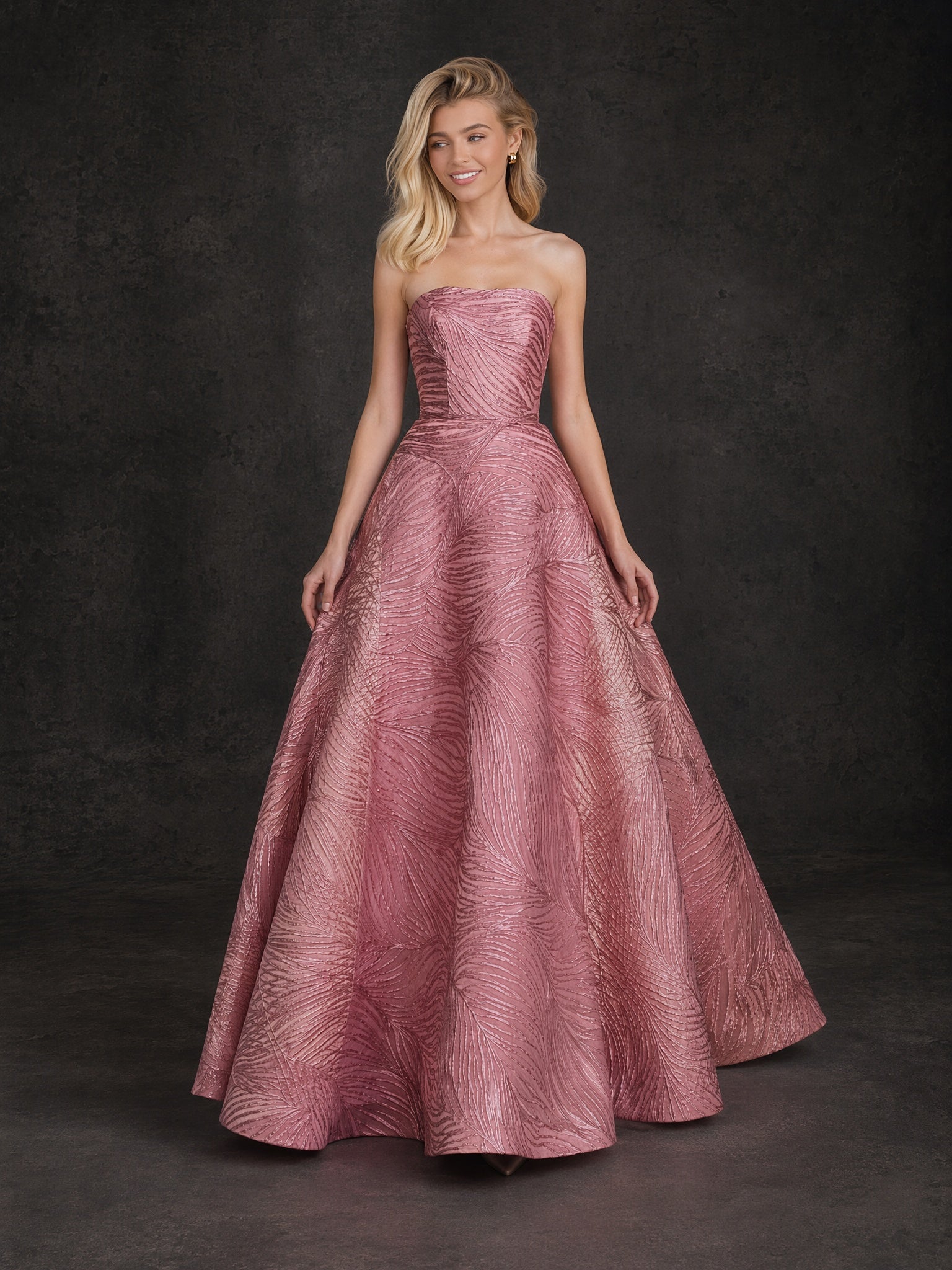 BOLODOO Rose Pink Metallic Jacquard Strapless Ball Gown with Ruched Bodice