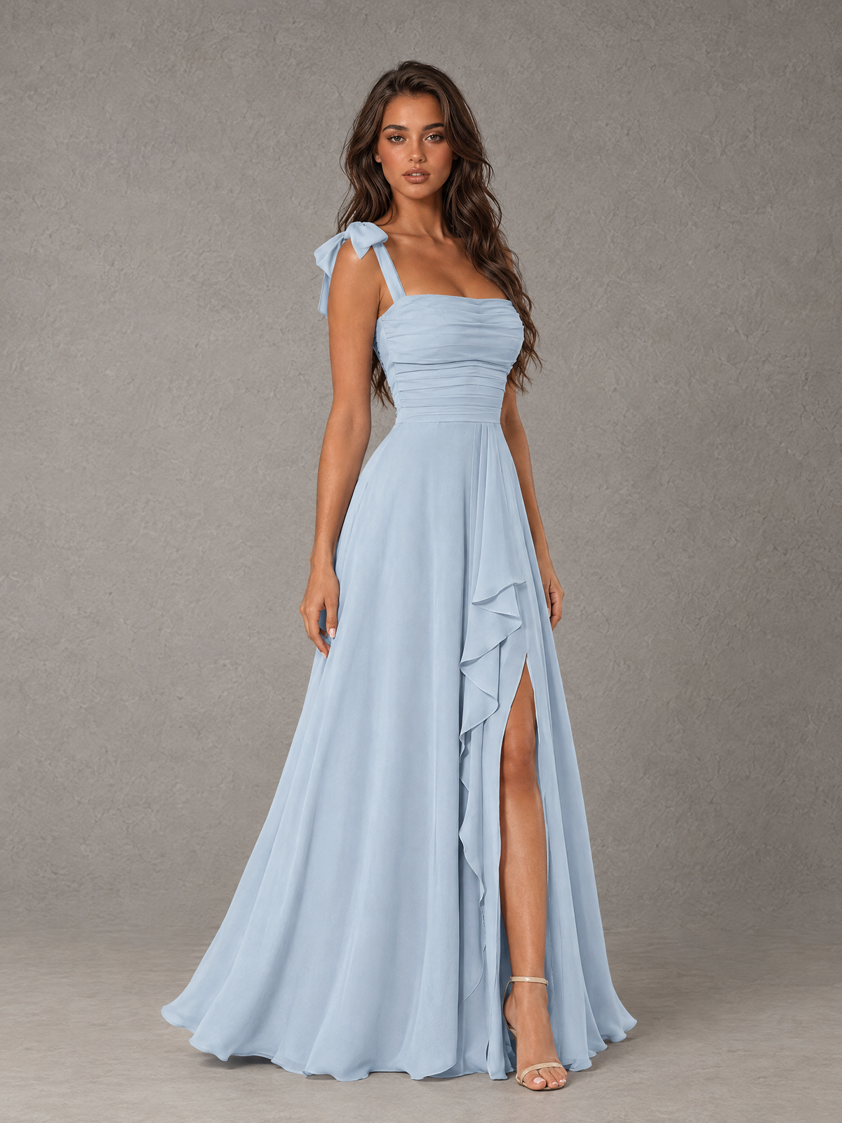 BOLODOO Light Blue Bow-Strap Bridesmaid Dress with Ruffle Slit 