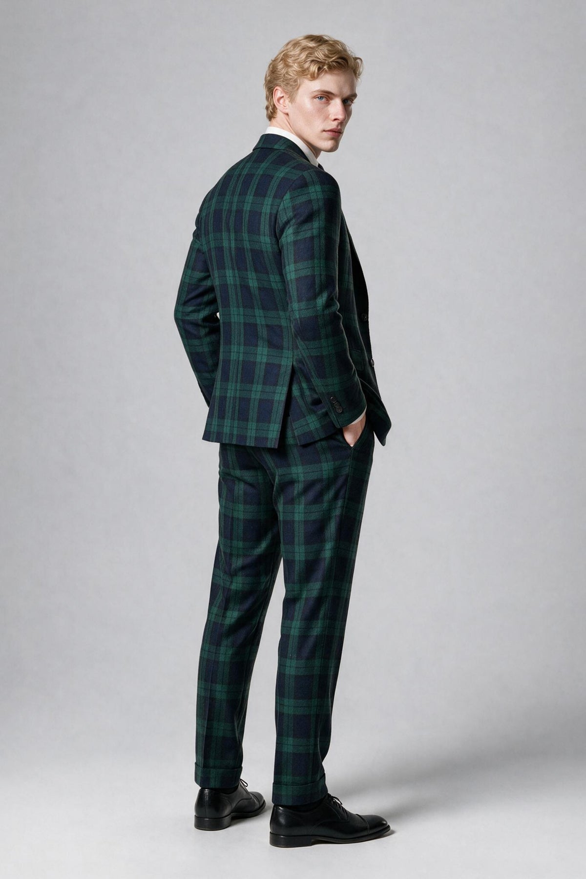 Bolodoo green plaid blazer vest and matching trousers front view