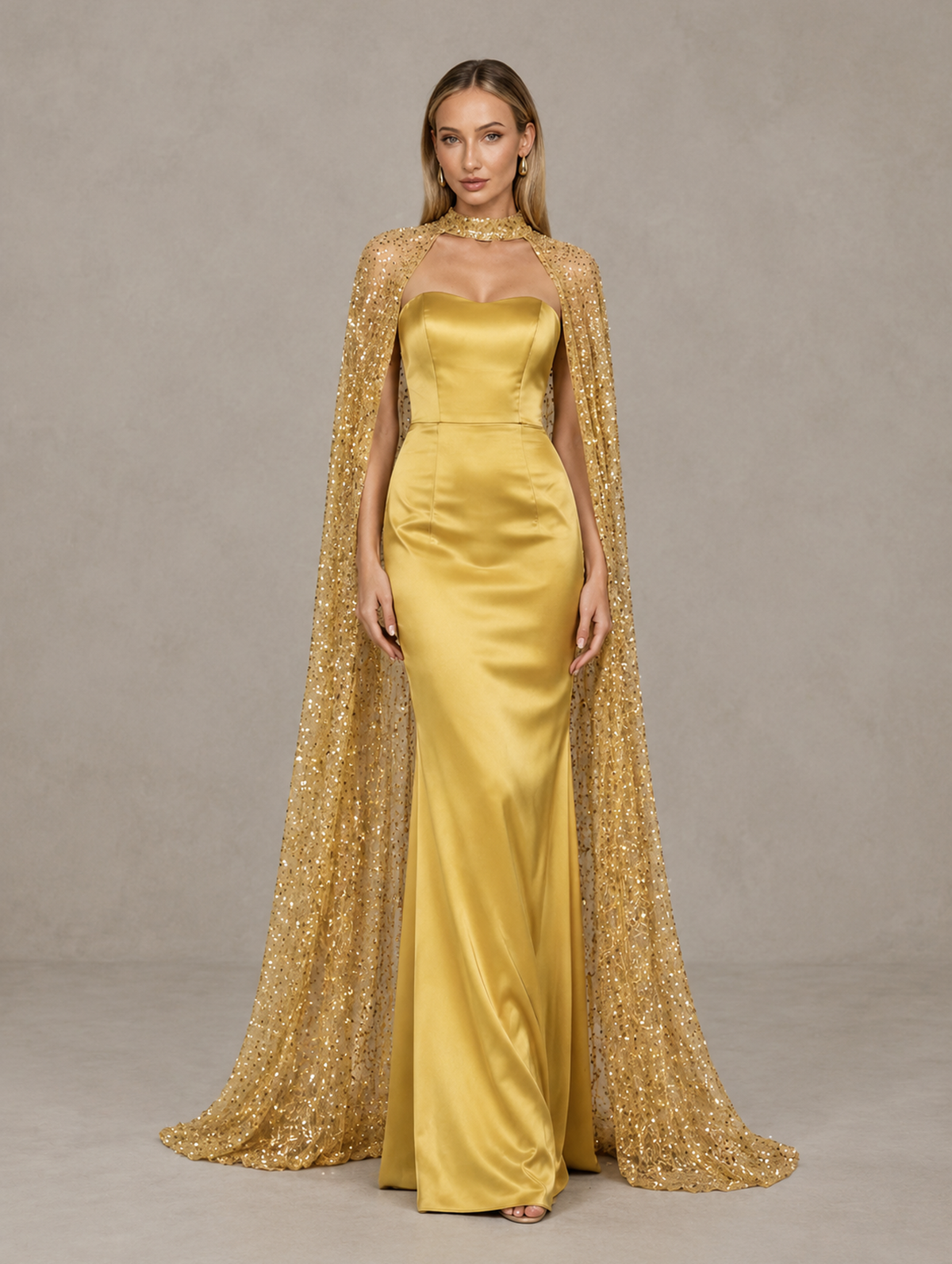 BOLODOO Gold Strapless Satin-Look Evening Gown with Sequin Cape 