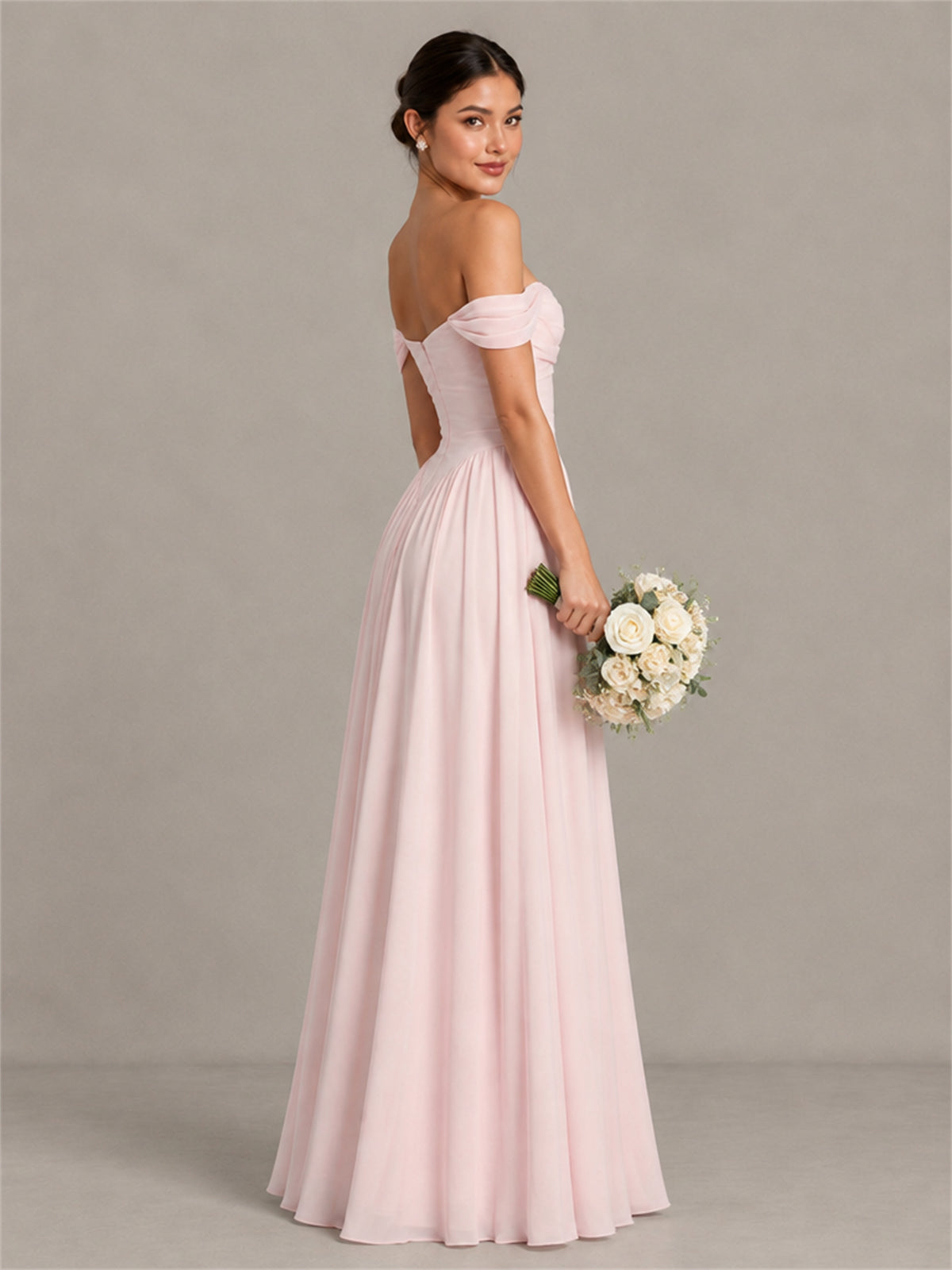 Blush pink chiffon floor-length formal gown with flowing A-line skirt