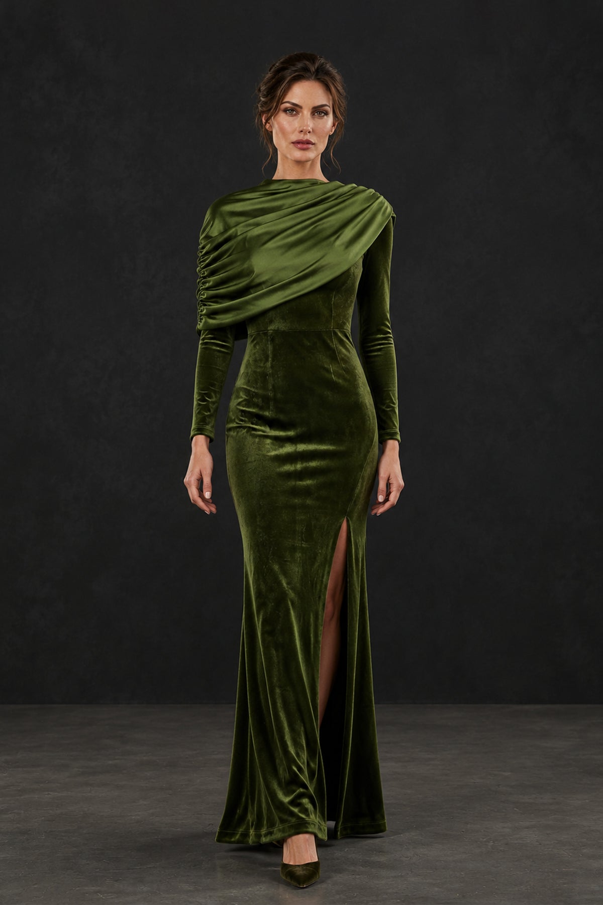 Back view of BOLODOO XX075 olive green velvet-look gown showing covered back and draped shoulder detail