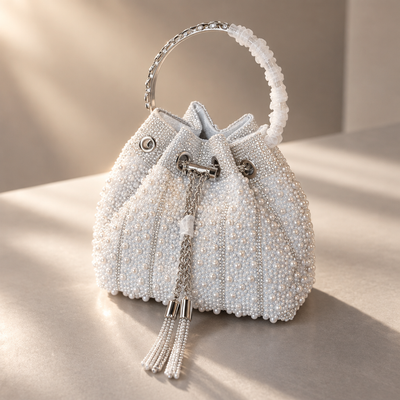 White Pearl-Effect Beaded Bridal Bucket Bag with Tassels 