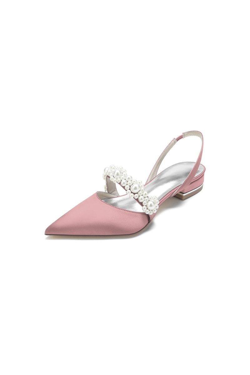 Satin Pointed Toe Pearl Kitten Heels - BOLODOO