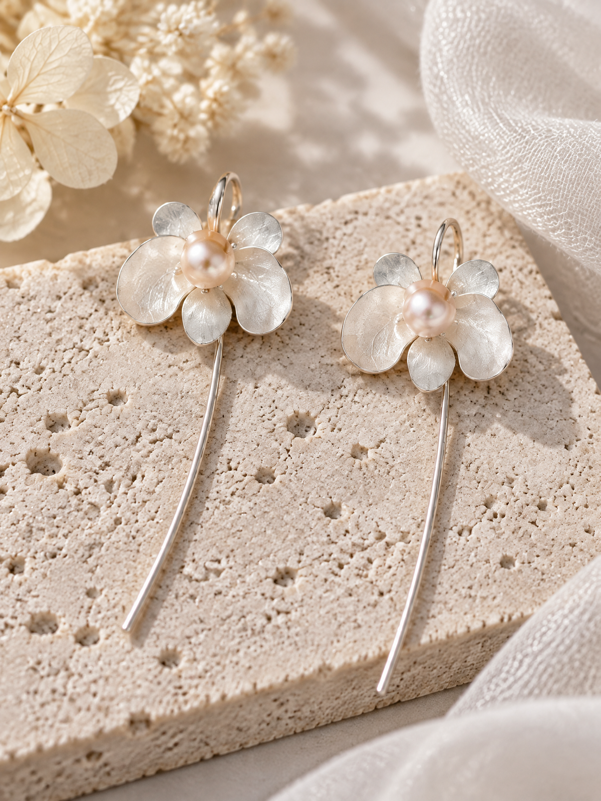 BOLODOO Ivory Flower Pearl-Look Long Drop Bridal Earrings 