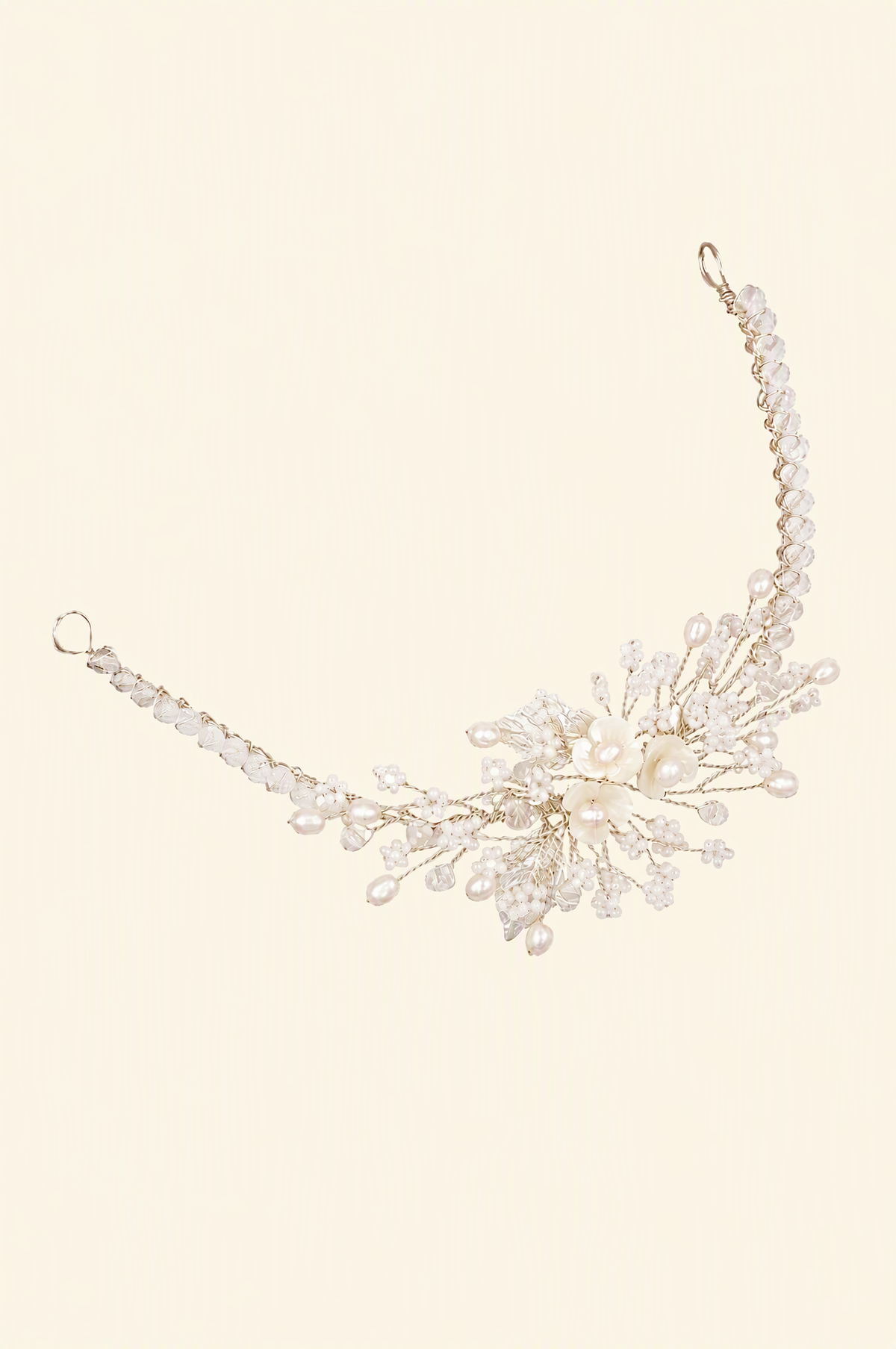 BOLODOO white floral bridal bracelet with pearl-look beads and clear accents, full product view