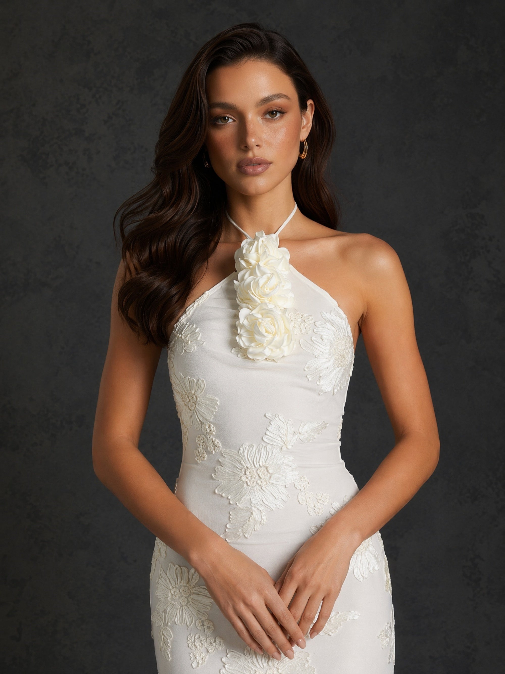 BOLODOO Ivory Tonal Floral Embroidered Mesh Halter Neck 3D Floral Corsage Open Back Mermaid Wedding Dress - Front Full Length Walking View Showing Mermaid Silhouette and Sweep Train