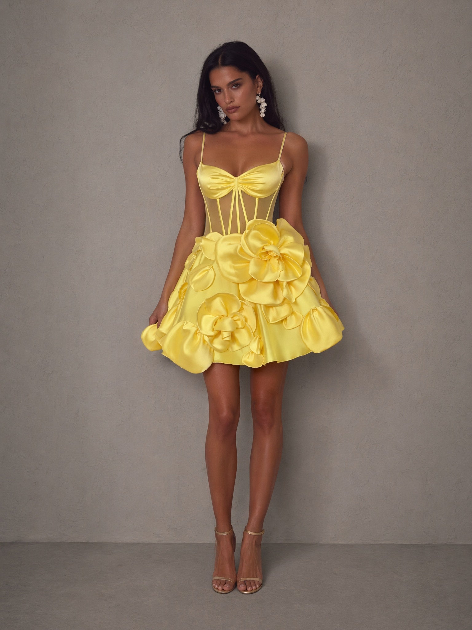 BOLODOO yellow 3D floral satin corset mini dress - front three-quarter full length side pose
