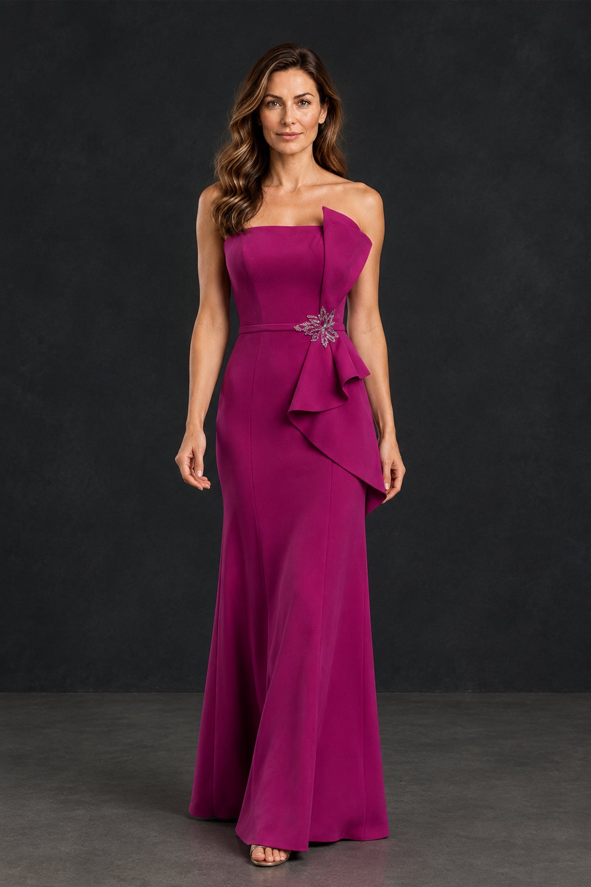 BOLODOO XX077 fuchsia strapless evening dress front walking view with softly flared floor-length skirt
