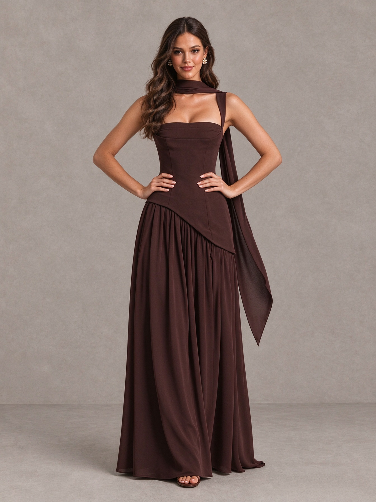 BOLODOO Chocolate Brown Scarf Bridesmaid Dress with Lace-Up Back 
