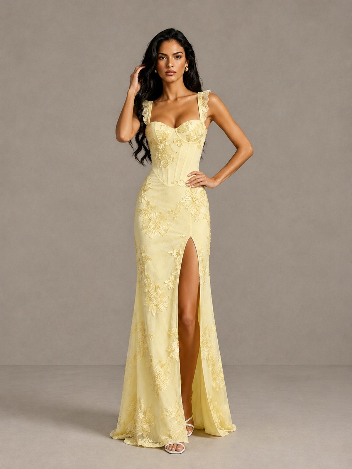 BOLODOO Butter Yellow Floral Lace Corset Prom Dress with High Slit 