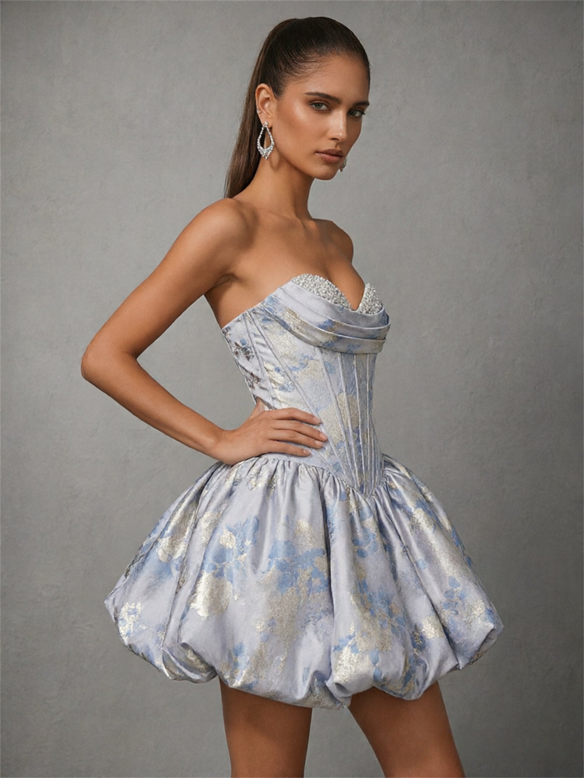 BOLODOO ice blue jacquard boned corset bubble mini dress - front half body close-up showing pearl crystal sweetheart neckline and boned corset detail
