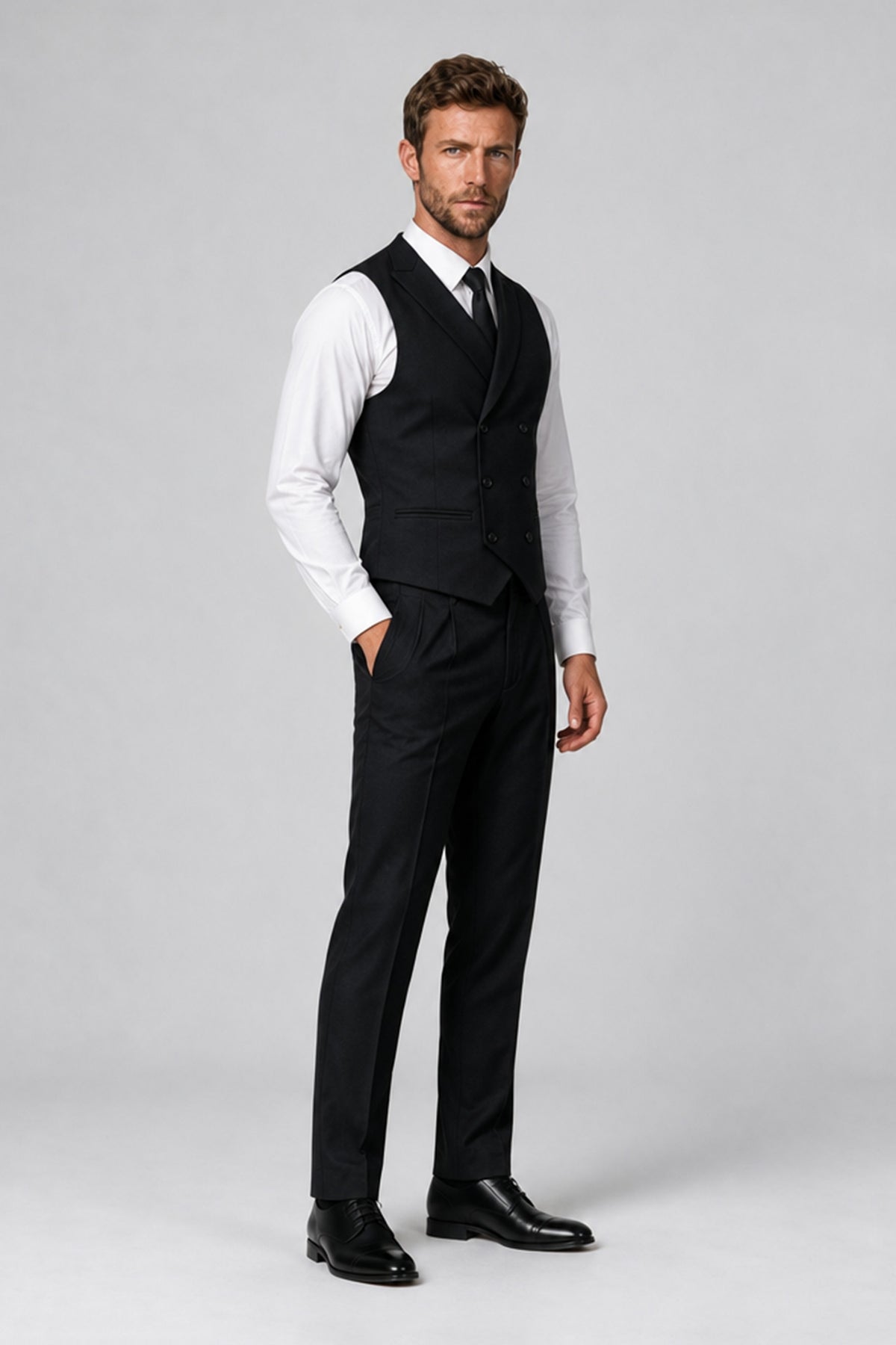 Bolodoo FQ1014 black waistcoat and pants set, three-quarter full-length view