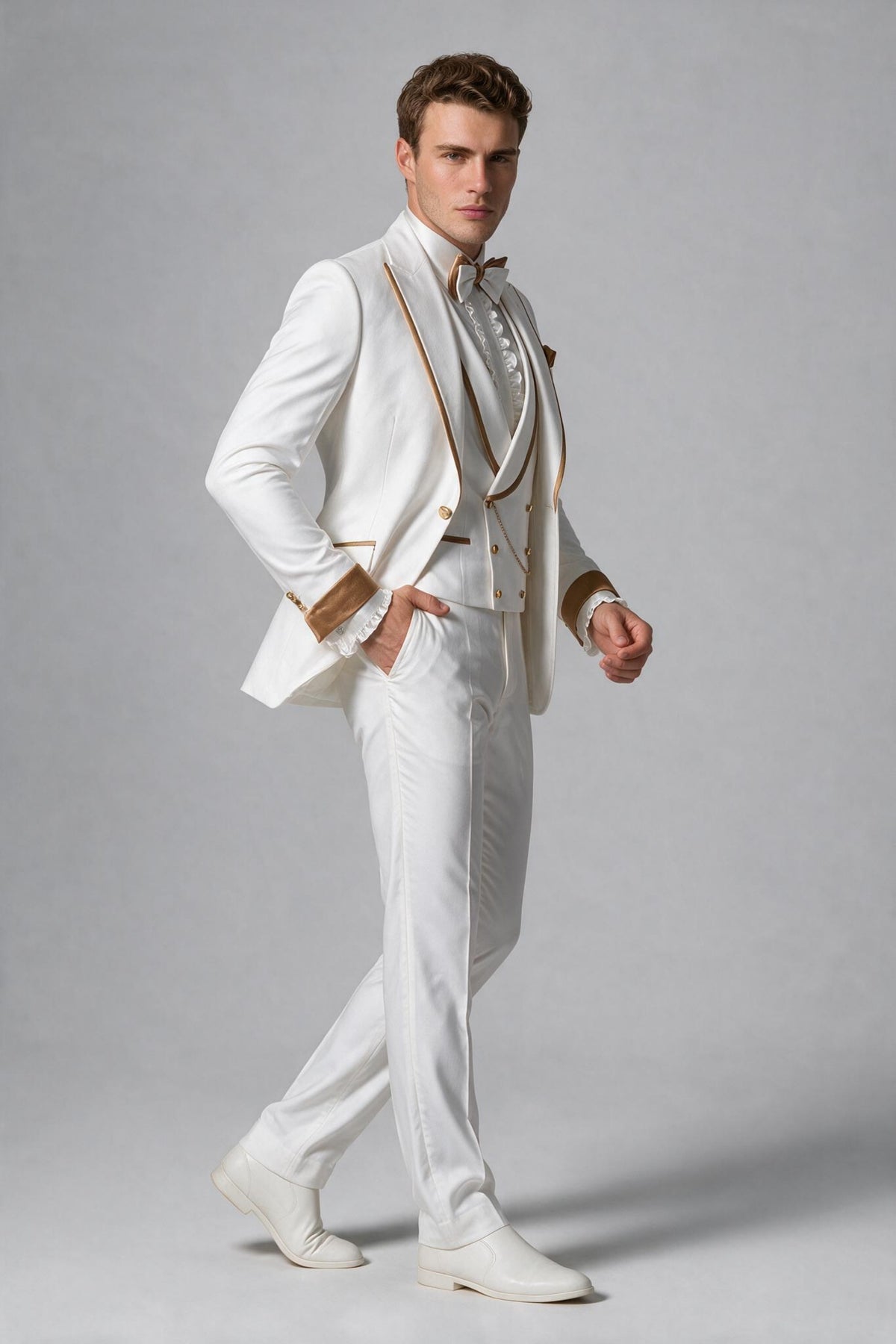 Bolodoo white and gold jacket vest and trousers three-piece suit side full-length view