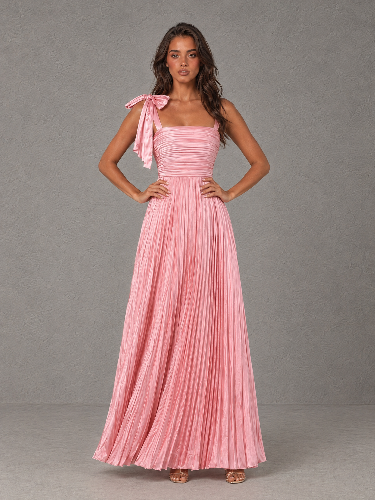 BOLODOO Pink Pleated Bow-Strap Bridesmaid Maxi Dress 