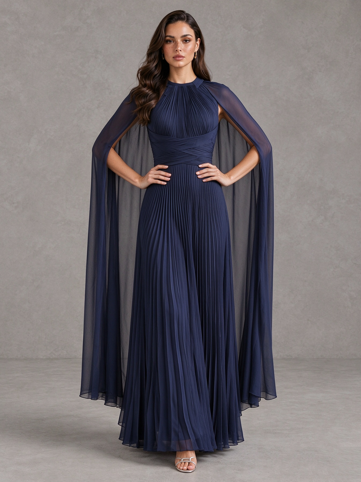 BOLODOO Navy Blue Pleated Cape Maxi Wedding Guest Dress 