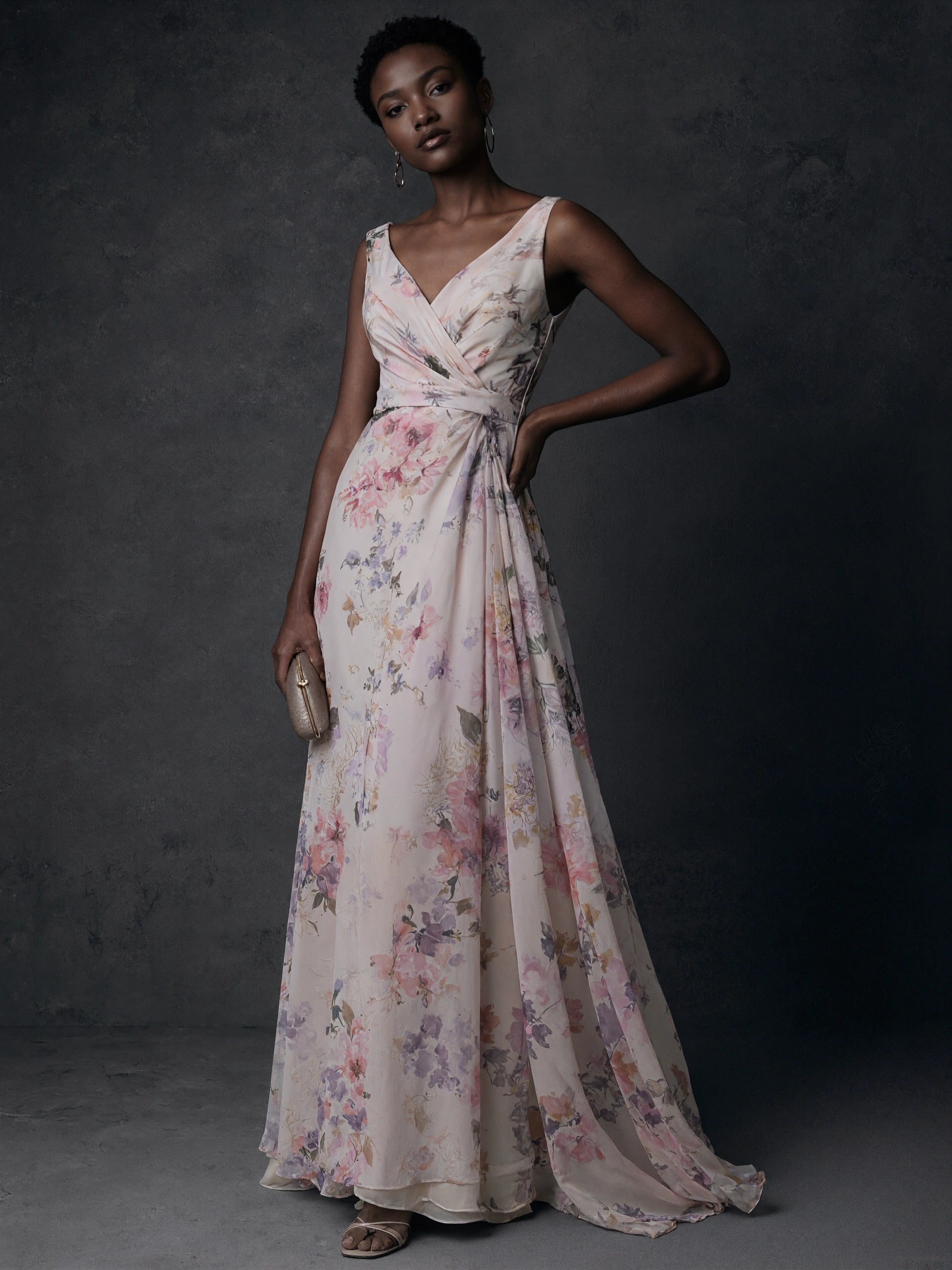 BOLODOO Blush Floral Chiffon V-Neck Wrap Ruched Backless Maxi Dress