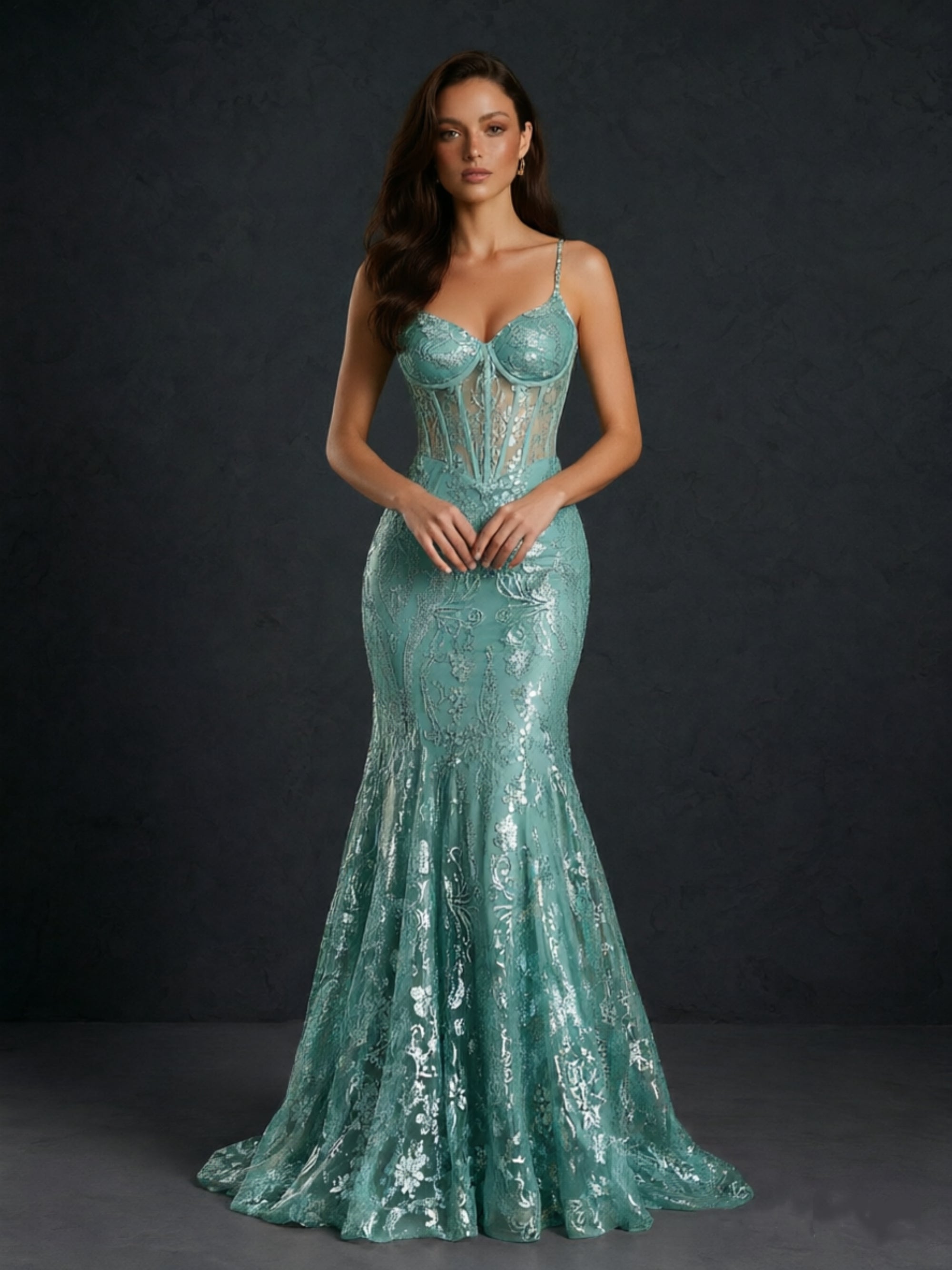 BOLODOO Mint Green Metallic Floral Sequin Spaghetti Strap Sheer Corset Criss-Cross Lace-Up Back Mermaid Maxi Dress - Front Full Length Third Angle View Showing Full Silhouette