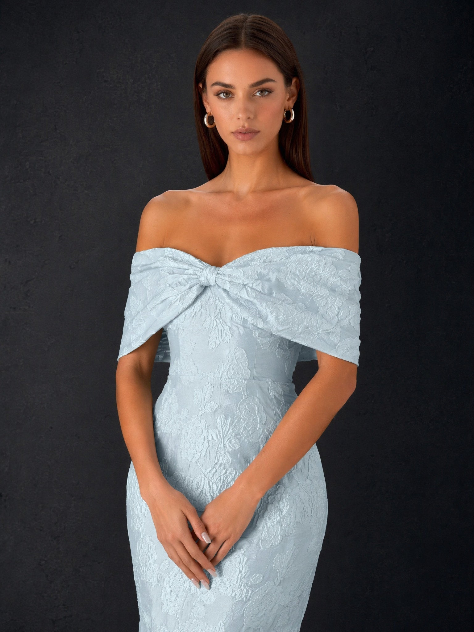 BOLODOO Ice Blue Floral Jacquard Twist Knot Off Shoulder Mermaid Maxi Dress - Front Full Length Looking Down View