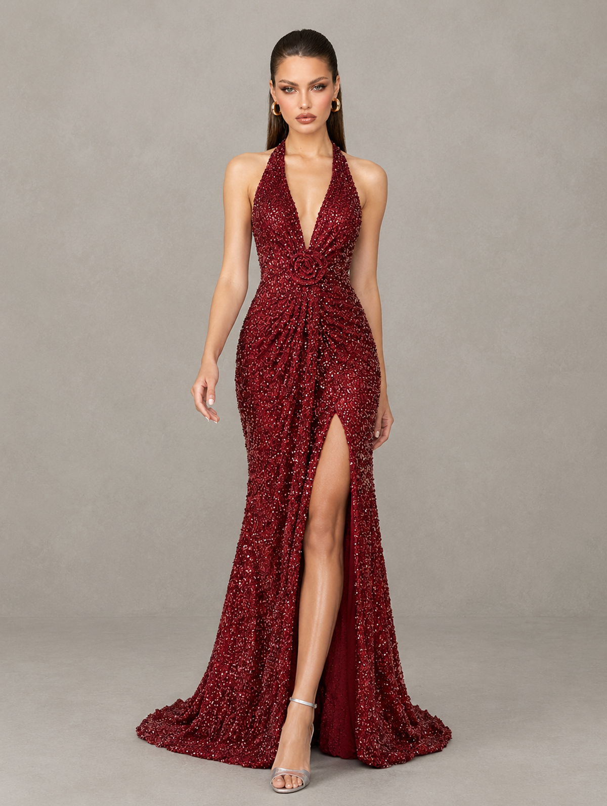 BOLODOO burgundy halter formal gown front pose showing fitted silhouette and sweeping train