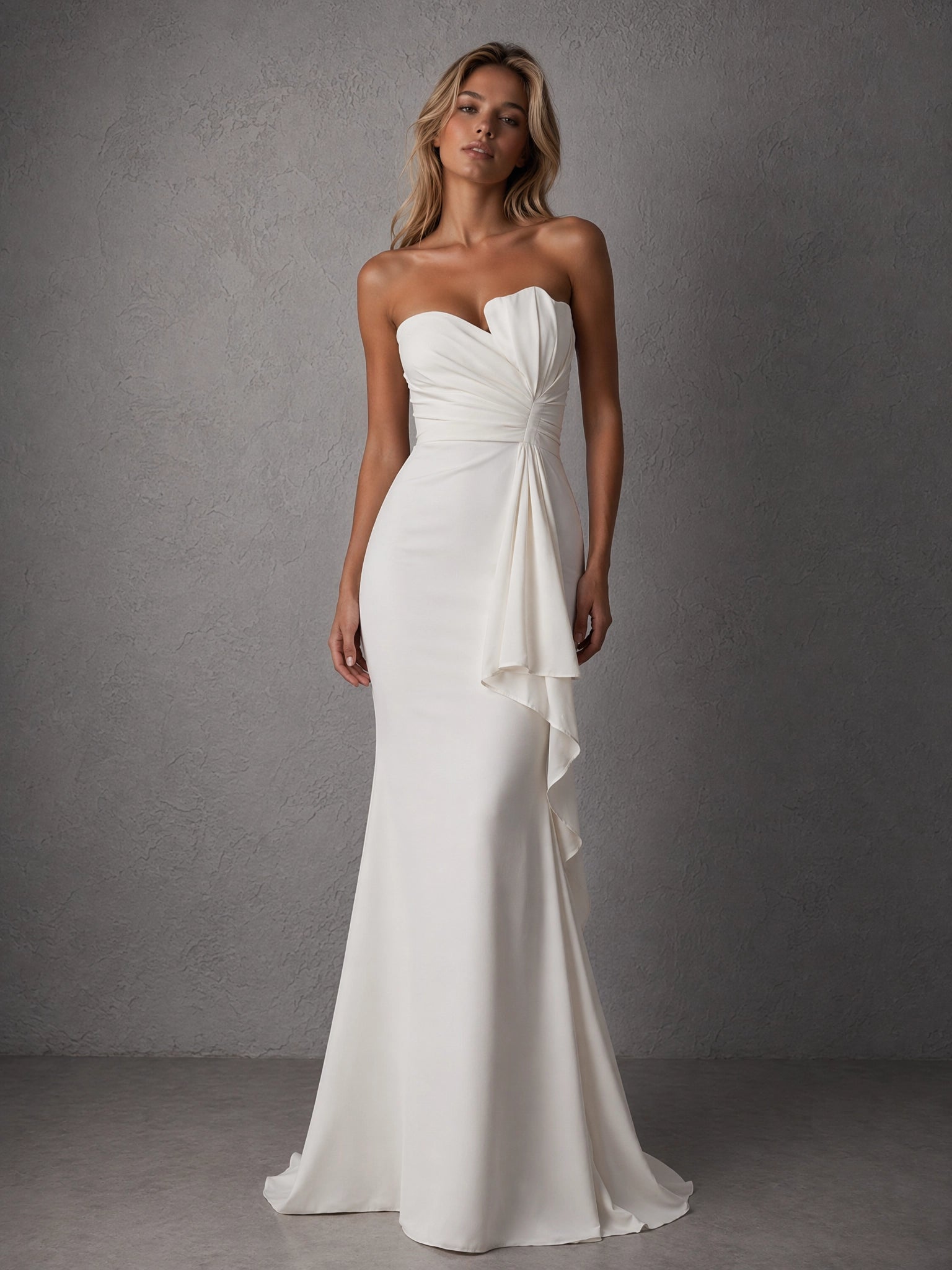 BOLODOO White Strapless Sweetheart Ruched Mermaid Gown | Cascade Drape Formal Evening Dress