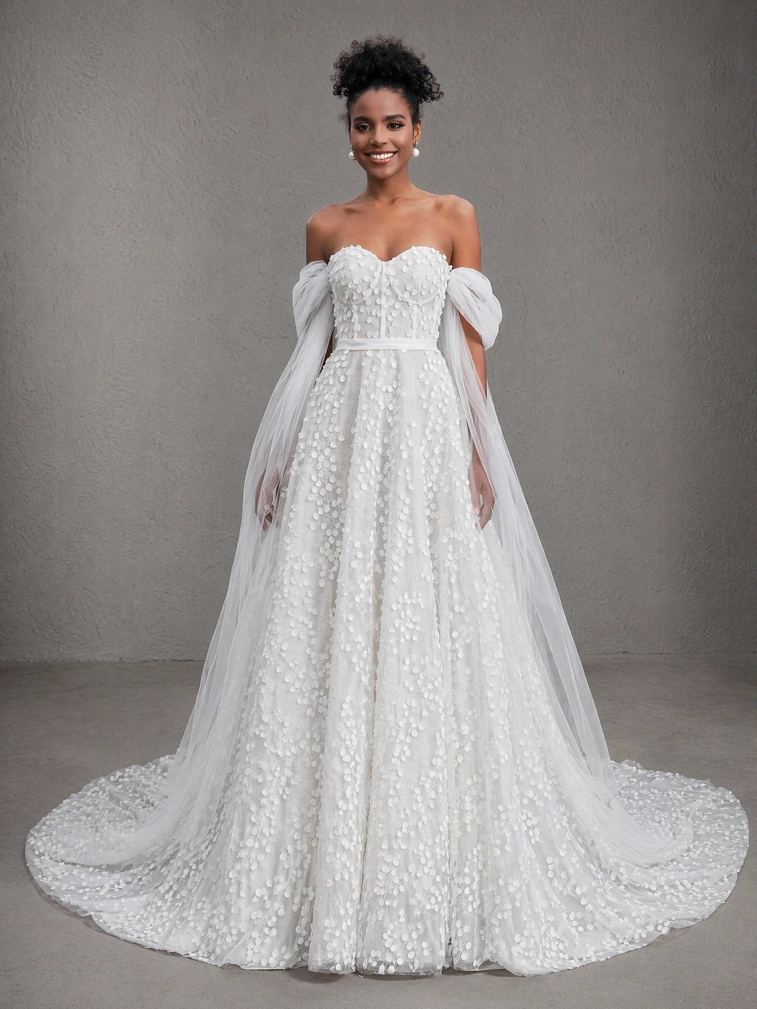 BOLODOO White Strapless Sweetheart 3D Petal Lace A-Line Wedding Gown with Detachable Puff Sleeve Cape
