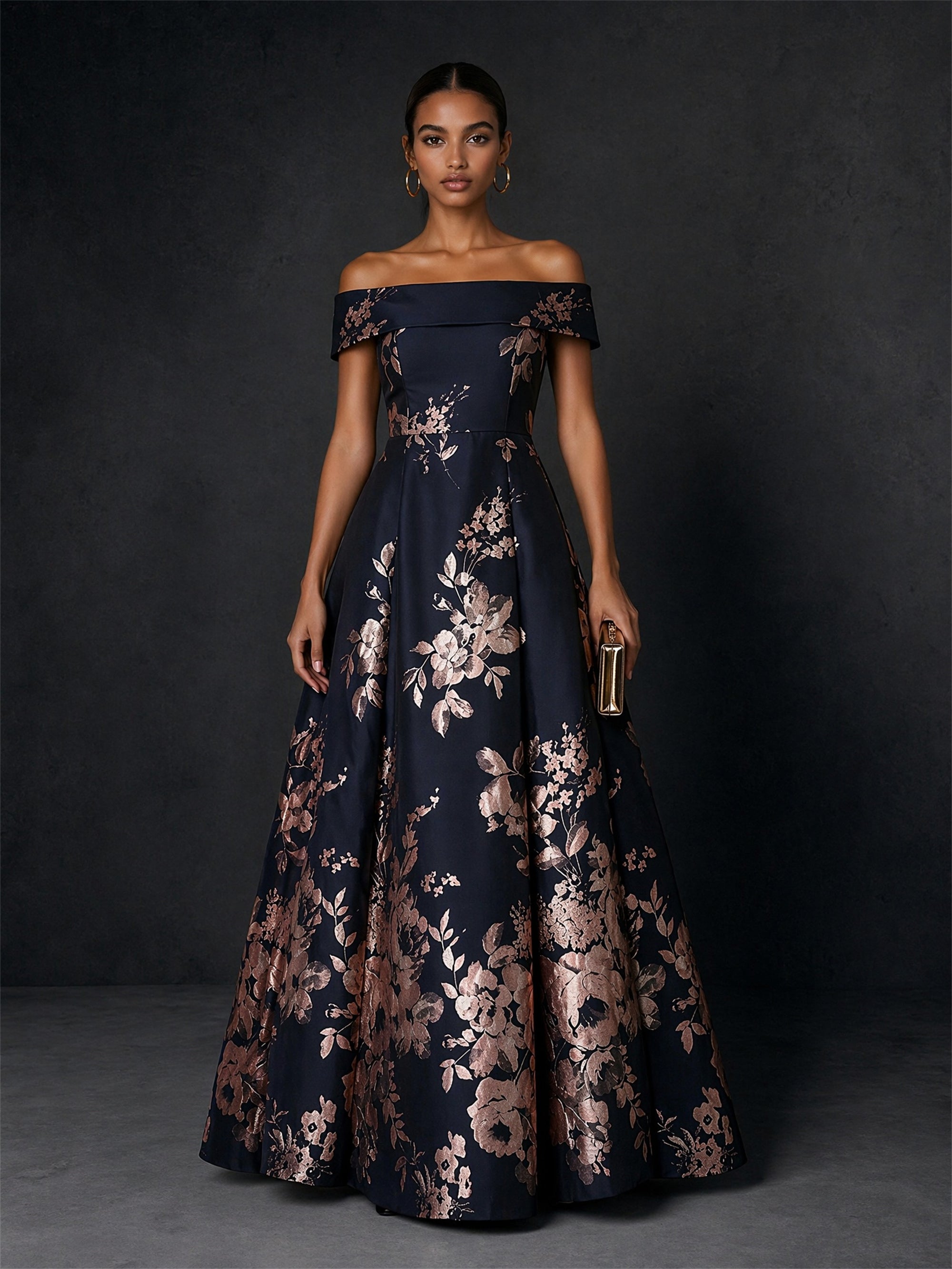 BOLODOO navy blue off-shoulder rose gold jacquard ball gown - front view with hand in pocket showing full A-line silhouette and gradient floral brocade