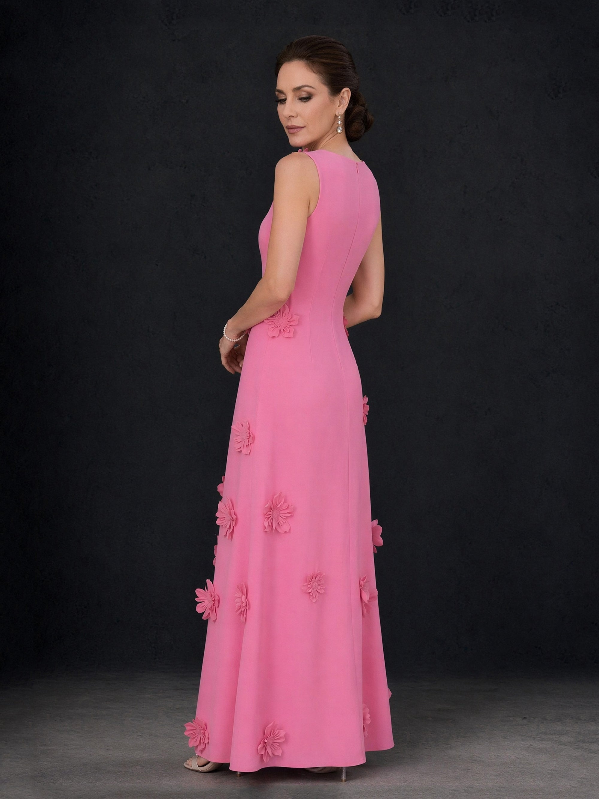 BOLODOO pink 3D floral appliqué sleeveless maxi dress - side profile view showing silhouette