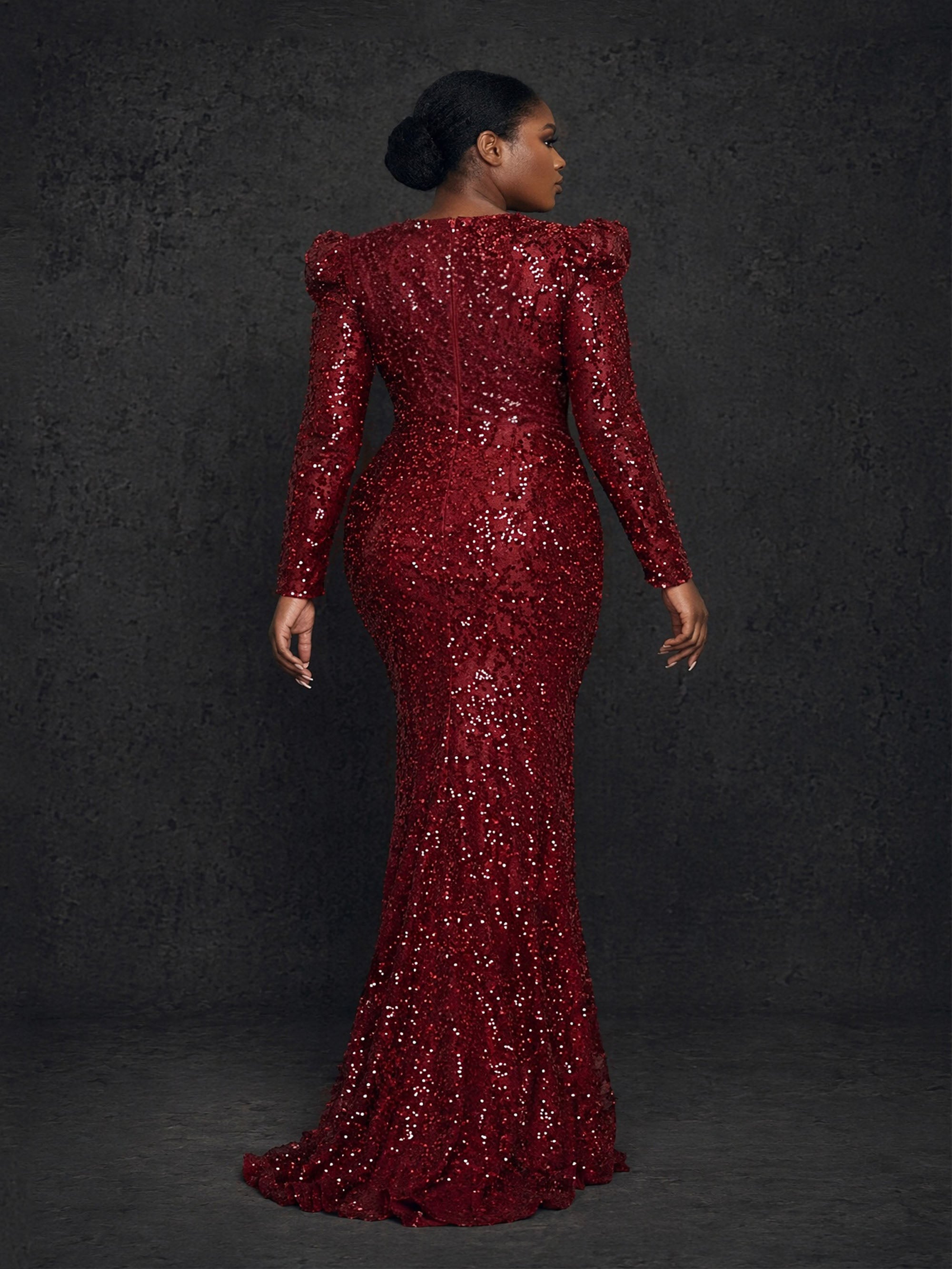 BOLODOO burgundy sequin long sleeve puff shoulder mermaid maxi dress - full length front view hand on hip pose