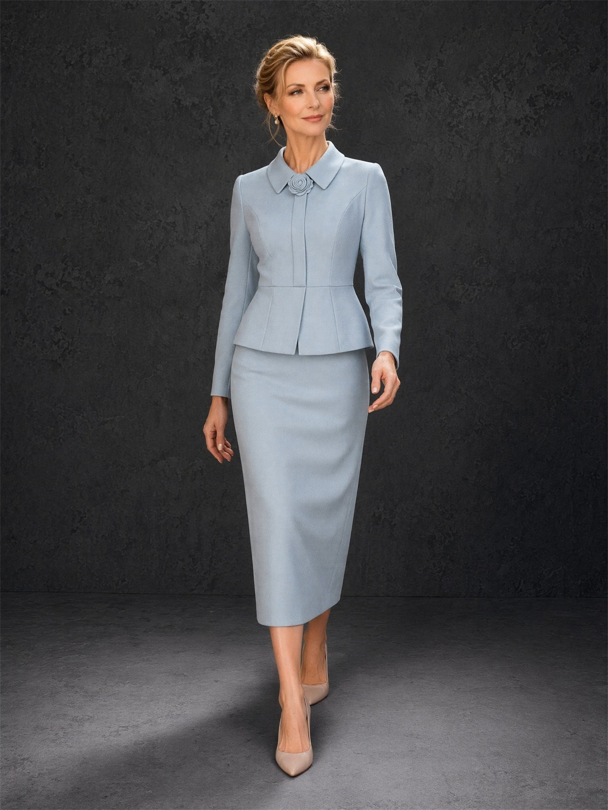 BOLODOO ice blue long sleeve peplum jacket and midi pencil skirt suit - front upper body close-up showing point collar and 3D rose brooch detail